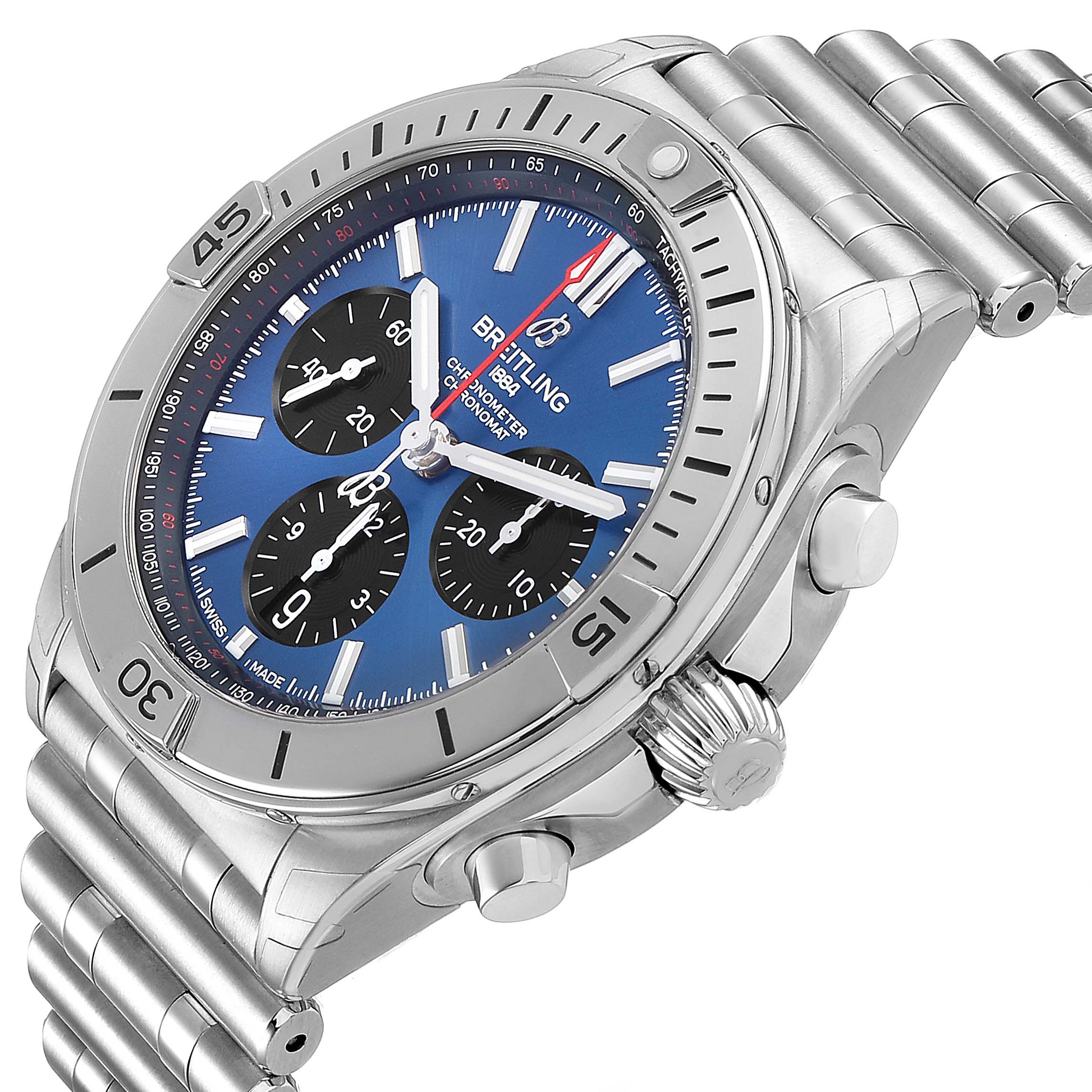 The Breitling Chronomat AB0134101C1A1 Men's Stainless Steel Blue Dial watch is shown at a three-quarter angle, highlighting its bezel, dial, pushers, and steel bracelet.