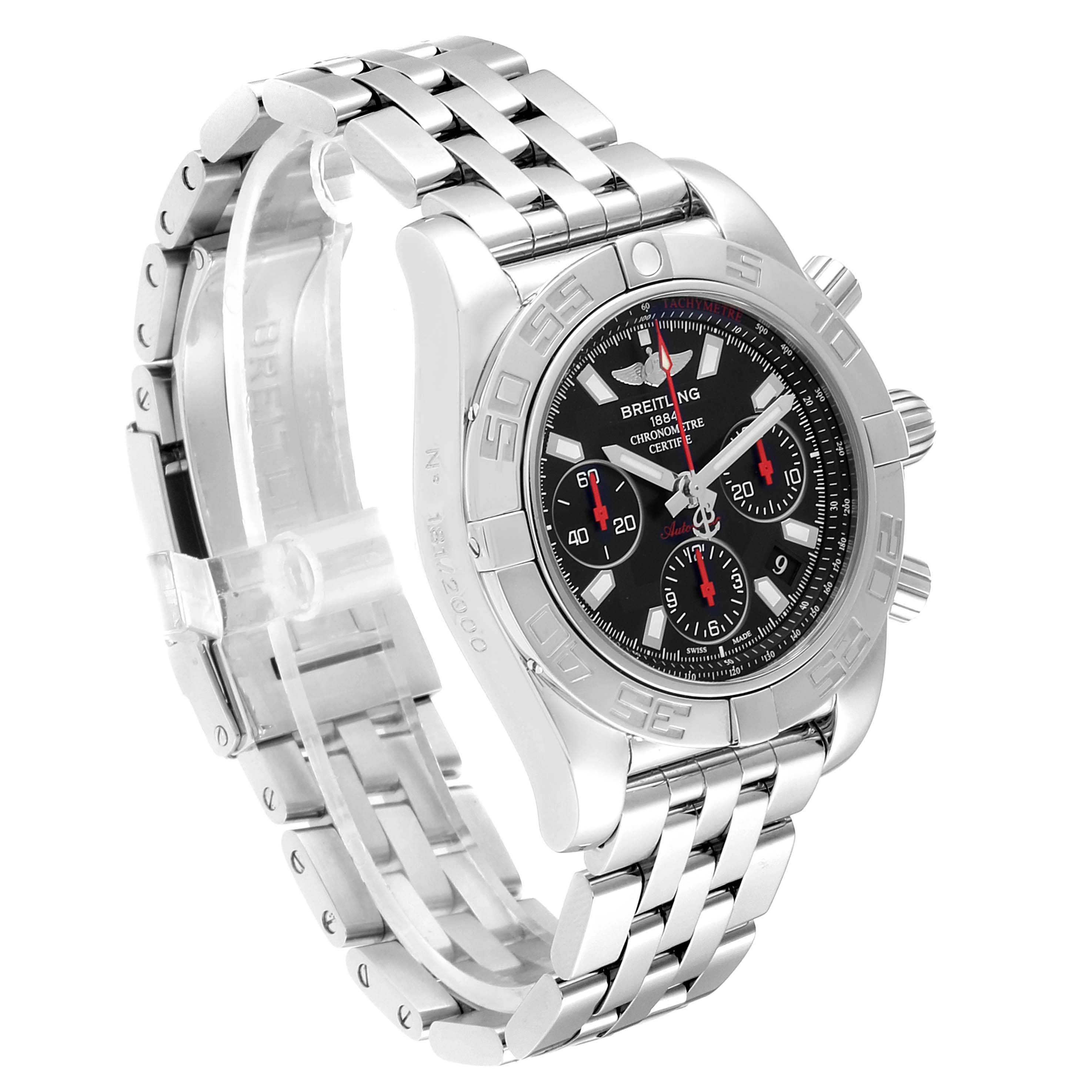 The Breitling Chronomat AB0140 Men
s Stainless Steel Black Dial AB0140 Men
s Stainless Steel Black Dial watch is shown at an angled view showcasing its face, chronograph dials, and stainless steel bracelet.