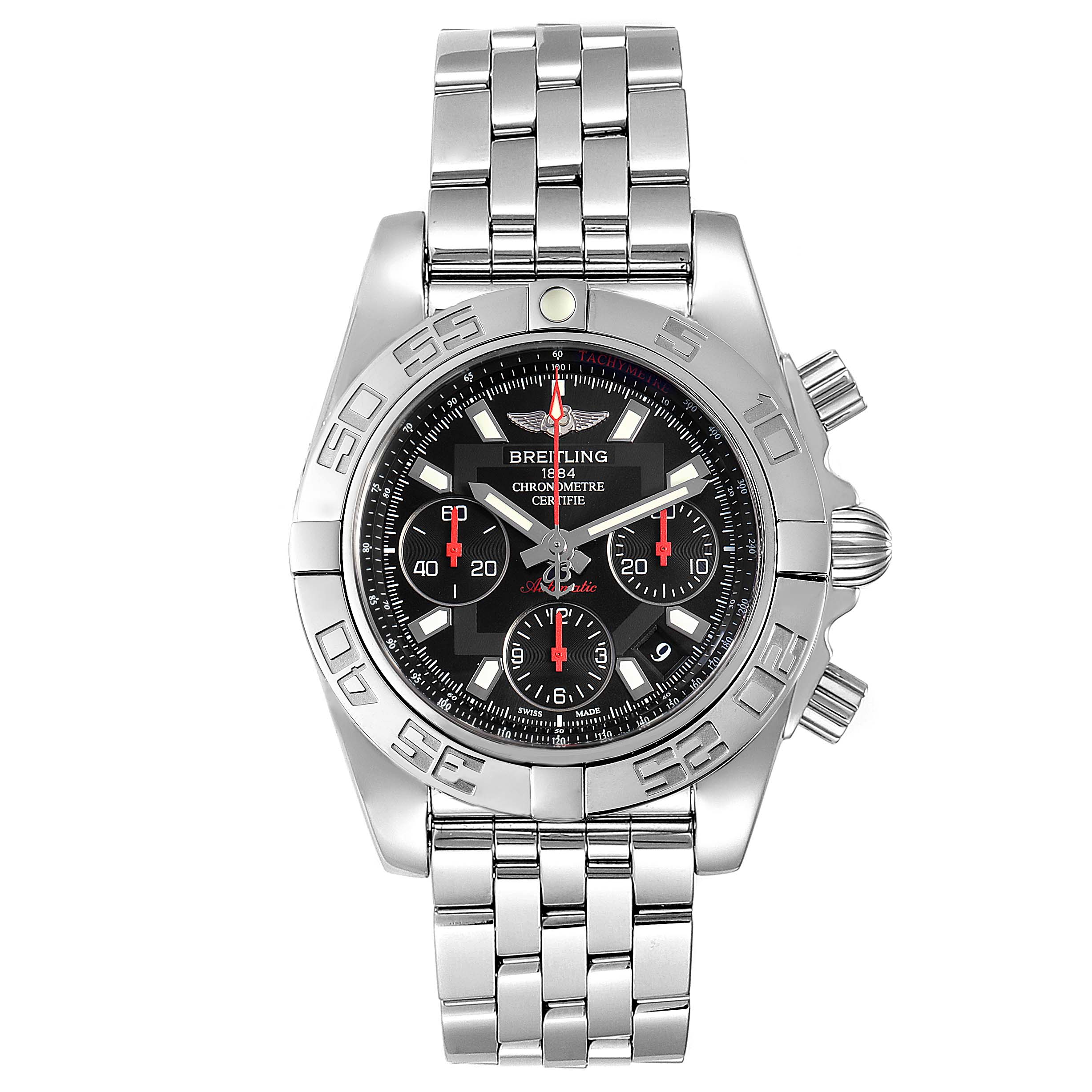 This Breitling Chronomat AB0140 Men
s Stainless Steel Black Dial AB0140 Men
s Stainless Steel Black Dial model is shown from a top-down angle, displaying the dial, bezel, and stainless steel bracelet.