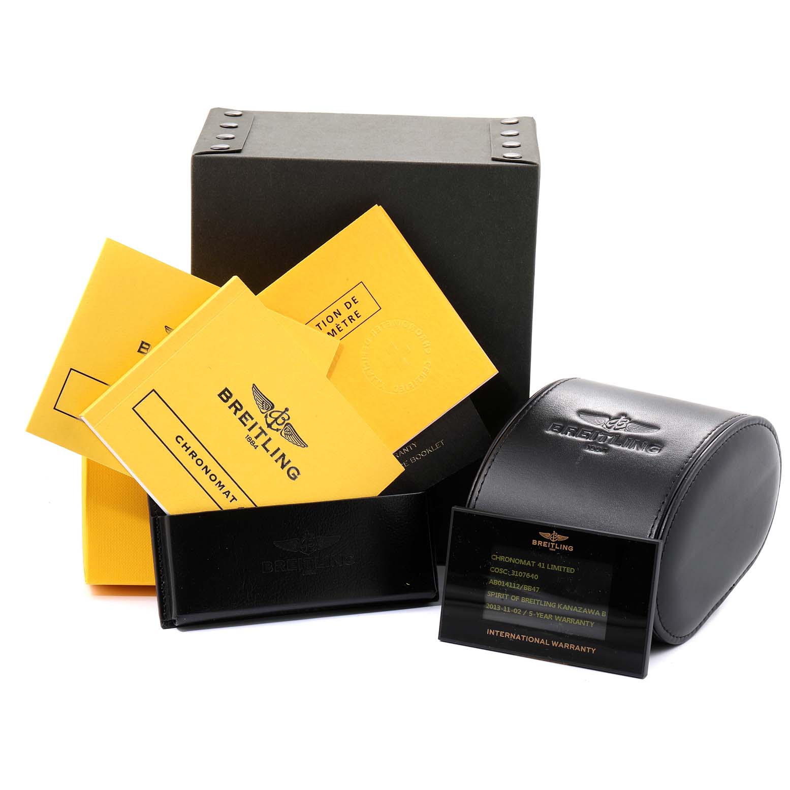 The image shows the packaging, manuals, warranty card, and a leather watch case for a Breitling Chronomat AB0140 Men
s Stainless Steel Black Dial AB0140 Men
s Stainless Steel Black Dial model.