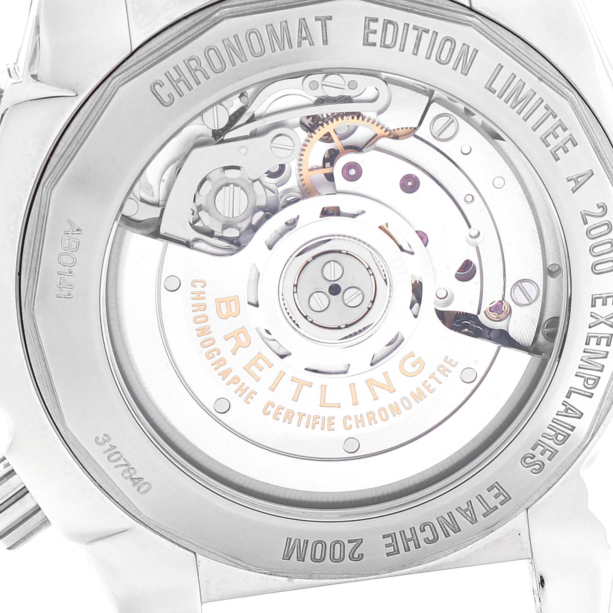 This image shows the back view of a Breitling Chronomat AB0140 Men
s Stainless Steel Black Dial AB0140 Men
s Stainless Steel Black Dial watch, revealing the internal mechanism and branding.