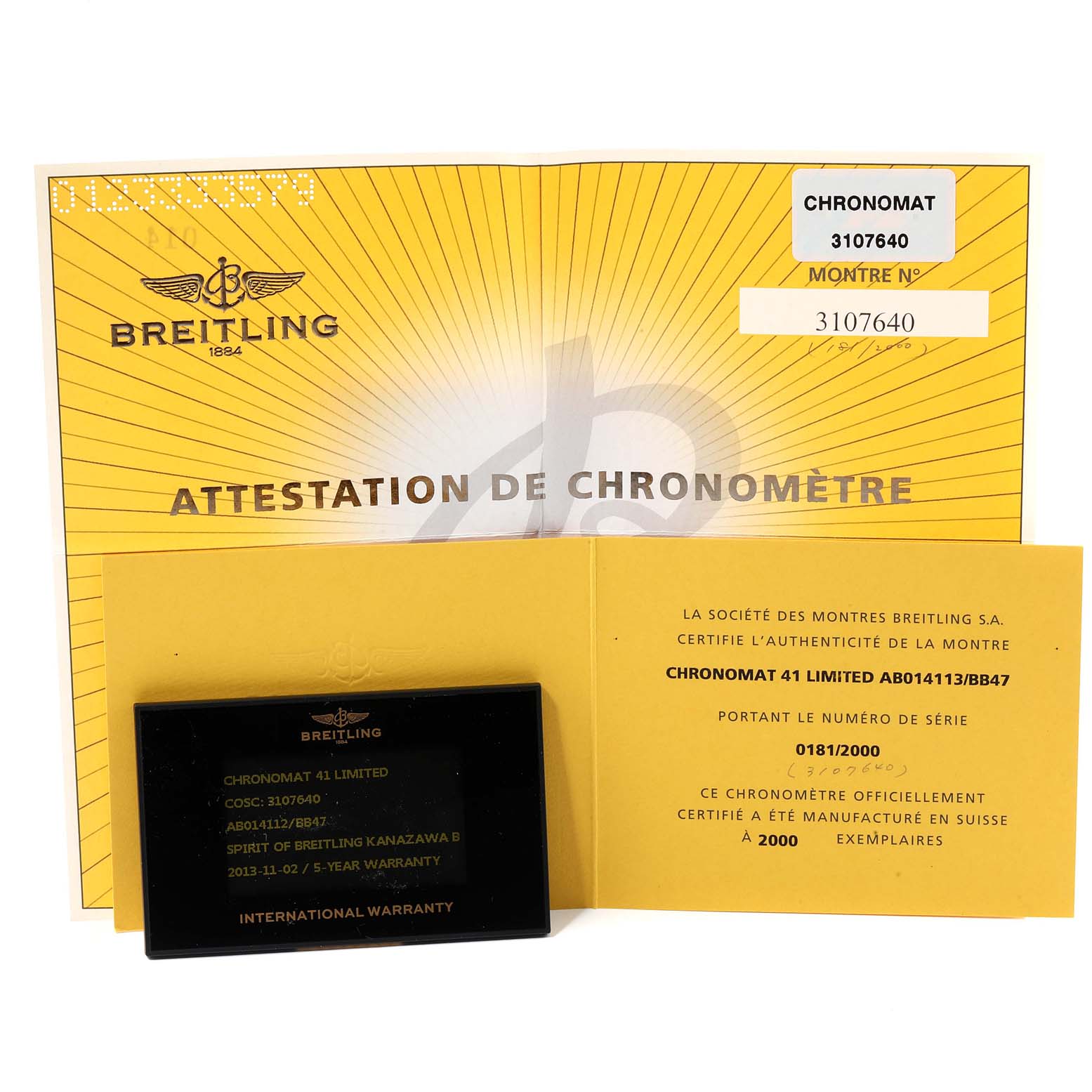 The image shows the certification and international warranty card for the Breitling Chronomat AB0140 Men
s Stainless Steel Black Dial AB0140 Men
s Stainless Steel Black Dial 41 Limited model, displayed flat.