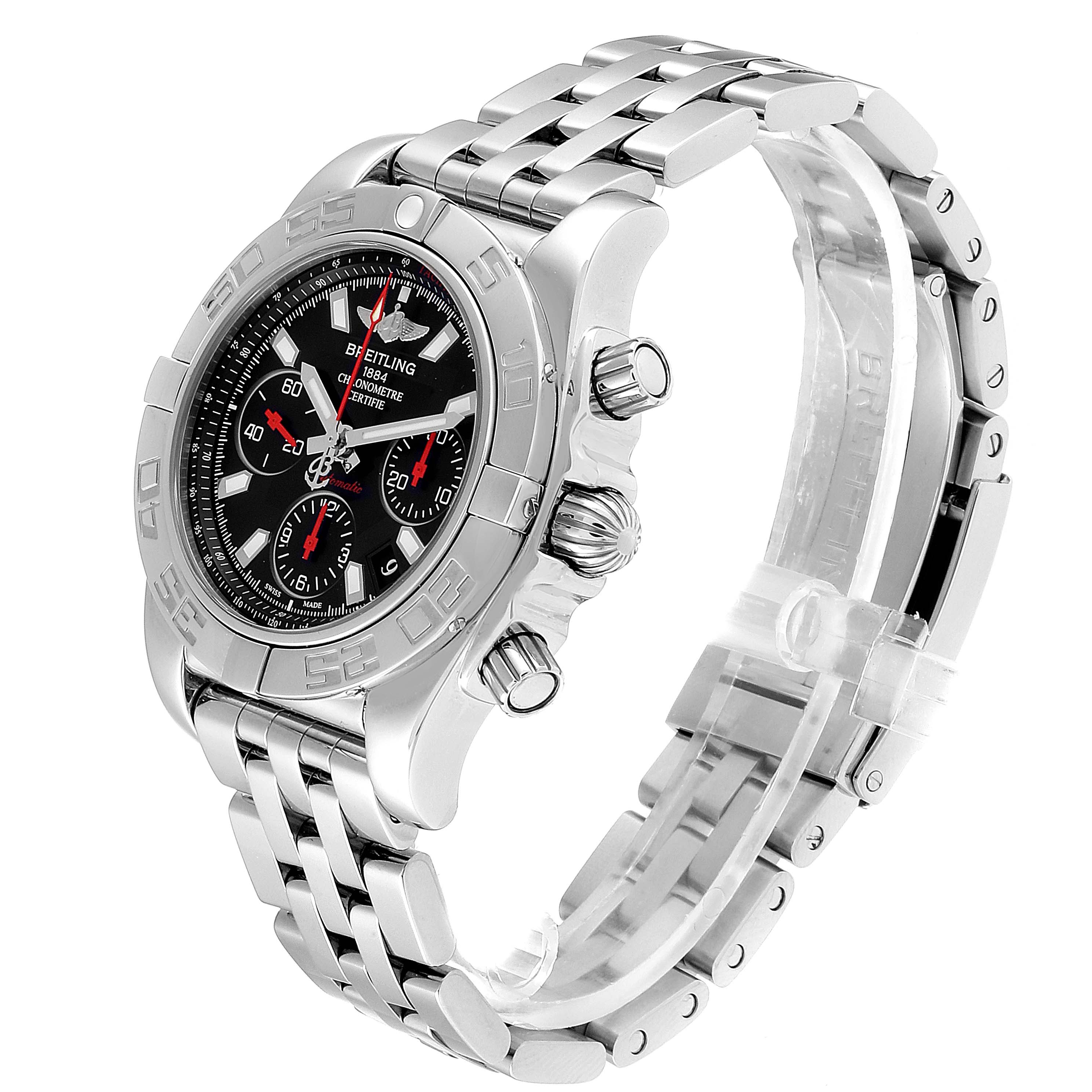 The Breitling Chronomat AB0140 Men
s Stainless Steel Black Dial AB0140 Men
s Stainless Steel Black Dial watch is shown at a 3/4 angle, displaying its metallic bracelet, bezel, and dial with chronograph subdials.