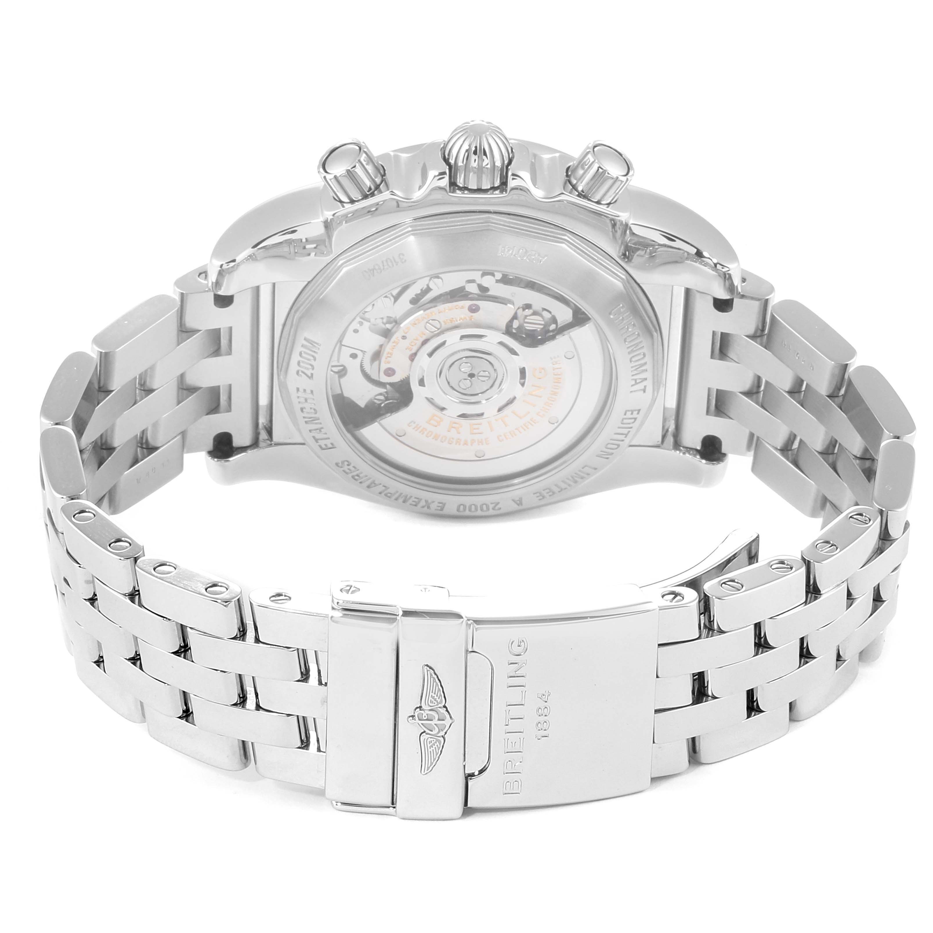 This image shows the back view of the Breitling Chronomat AB0140 Men
s Stainless Steel Black Dial AB0140 Men
s Stainless Steel Black Dial watch, highlighting its bracelet, clasp, and transparent case back.