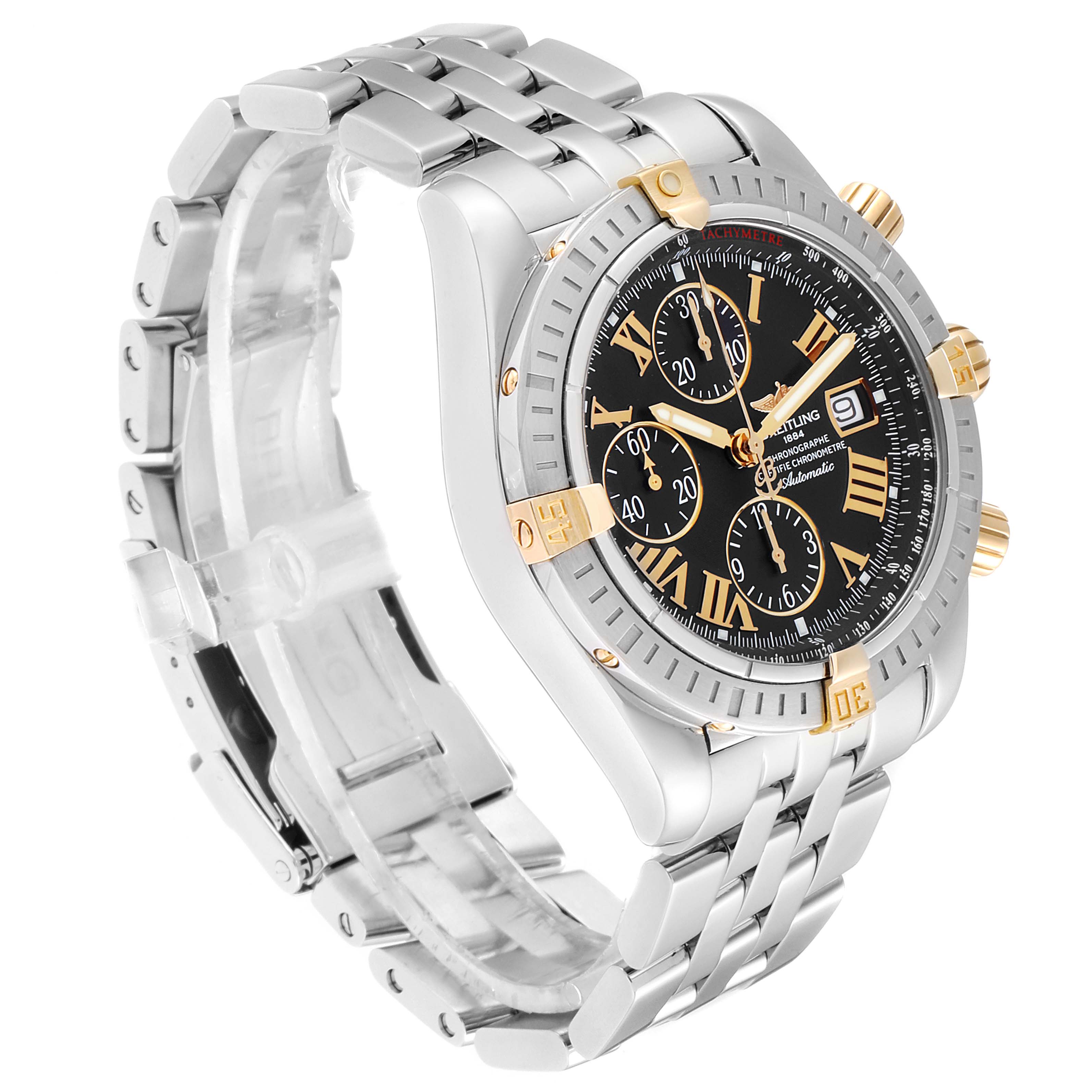 The image shows a side angle of the Breitling Chronomat B13356 Men
s Steel and Gold (two tone) Black Dial B13356 Men
s Steel and Gold (two tone) Black Dial watch, displaying the band, bezel, chronograph dials, and crown.