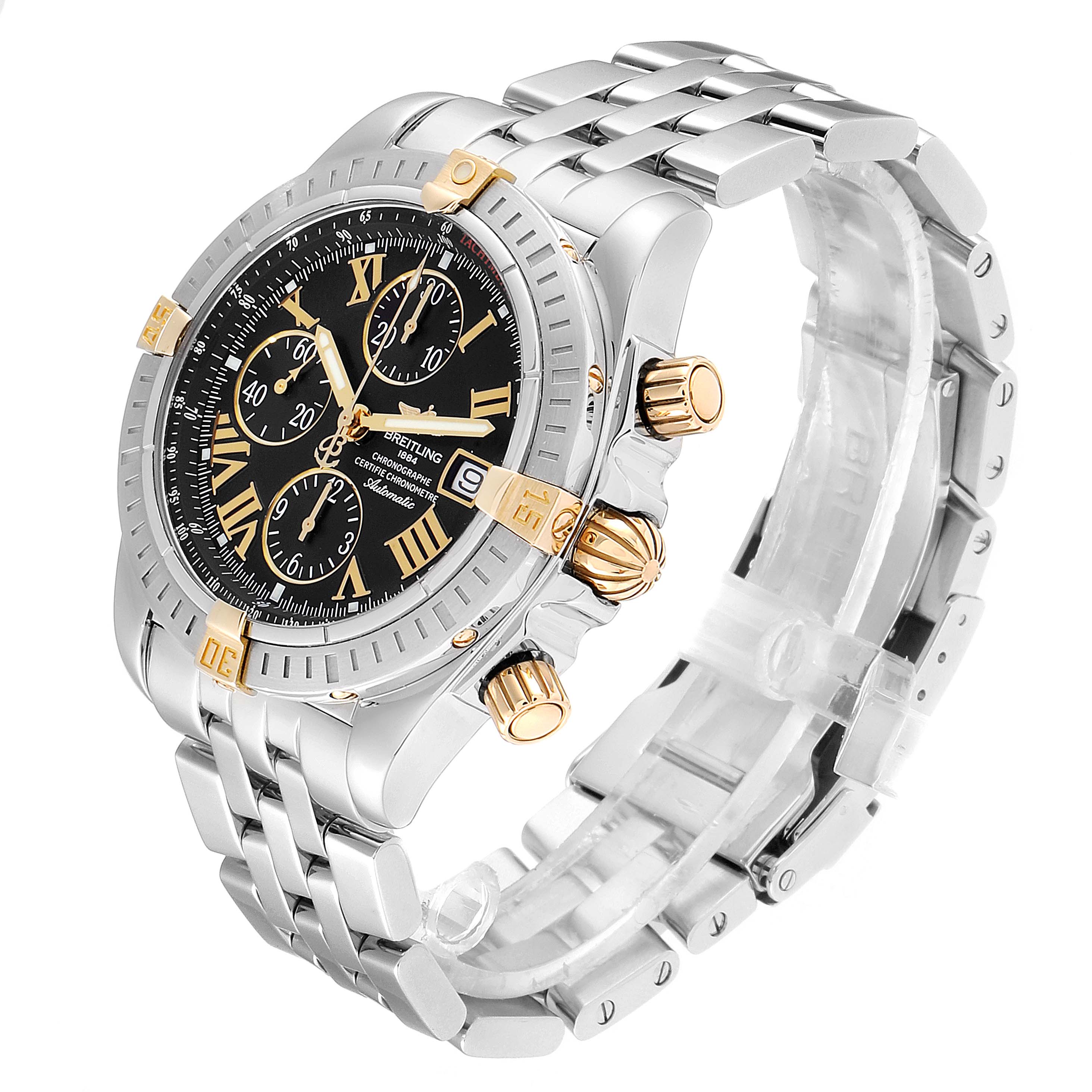 The image shows a Breitling Chronomat B13356 Men
s Steel and Gold (two tone) Black Dial B13356 Men
s Steel and Gold (two tone) Black Dial watch in a side angle, featuring the face, bezel, chronograph buttons, and metal bracelet.