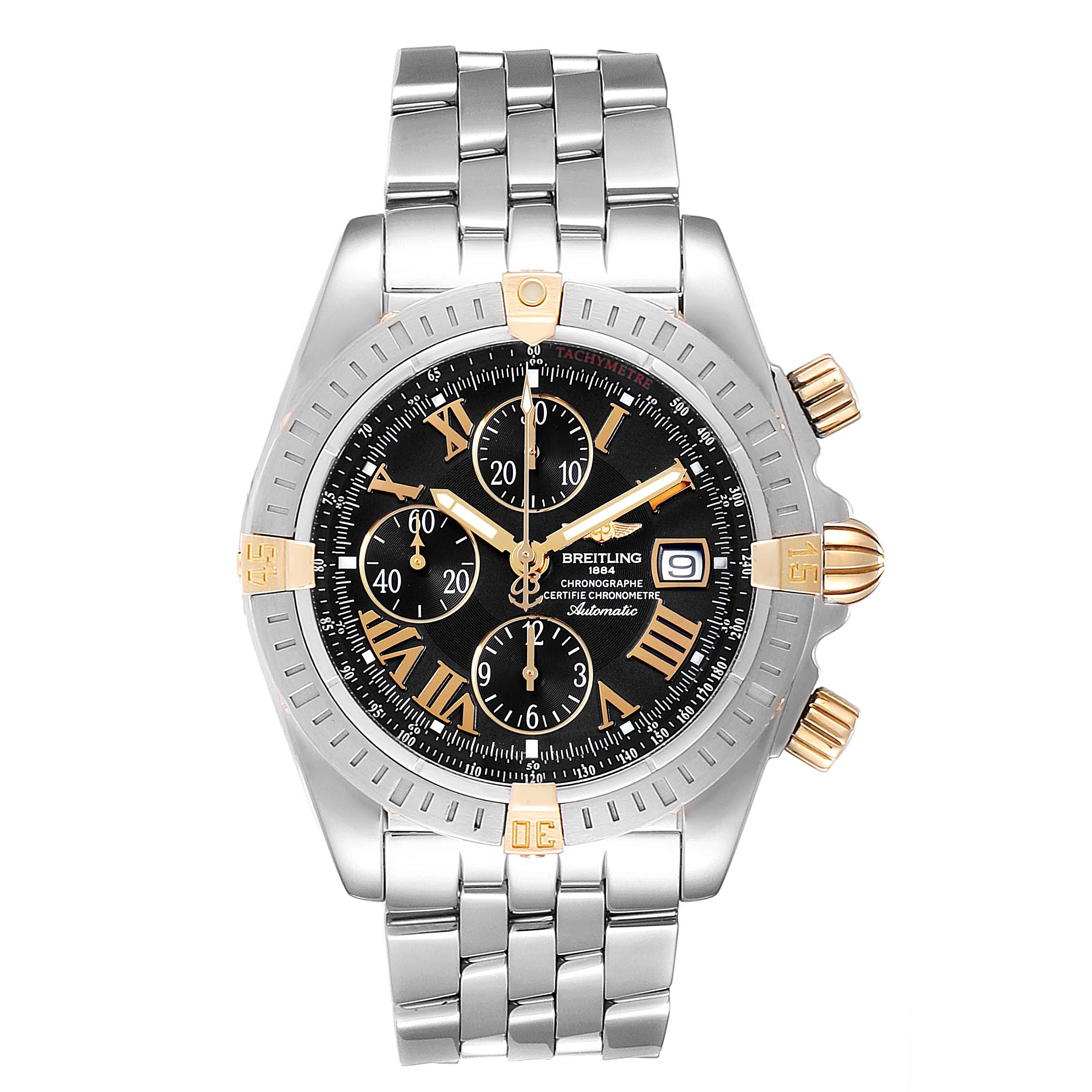 The image shows a front view of the Breitling Chronomat B13356 Men
s Steel and Gold (two tone) Black Dial B13356 Men
s Steel and Gold (two tone) Black Dial watch, highlighting its dial, bezel, and stainless steel bracelet.
