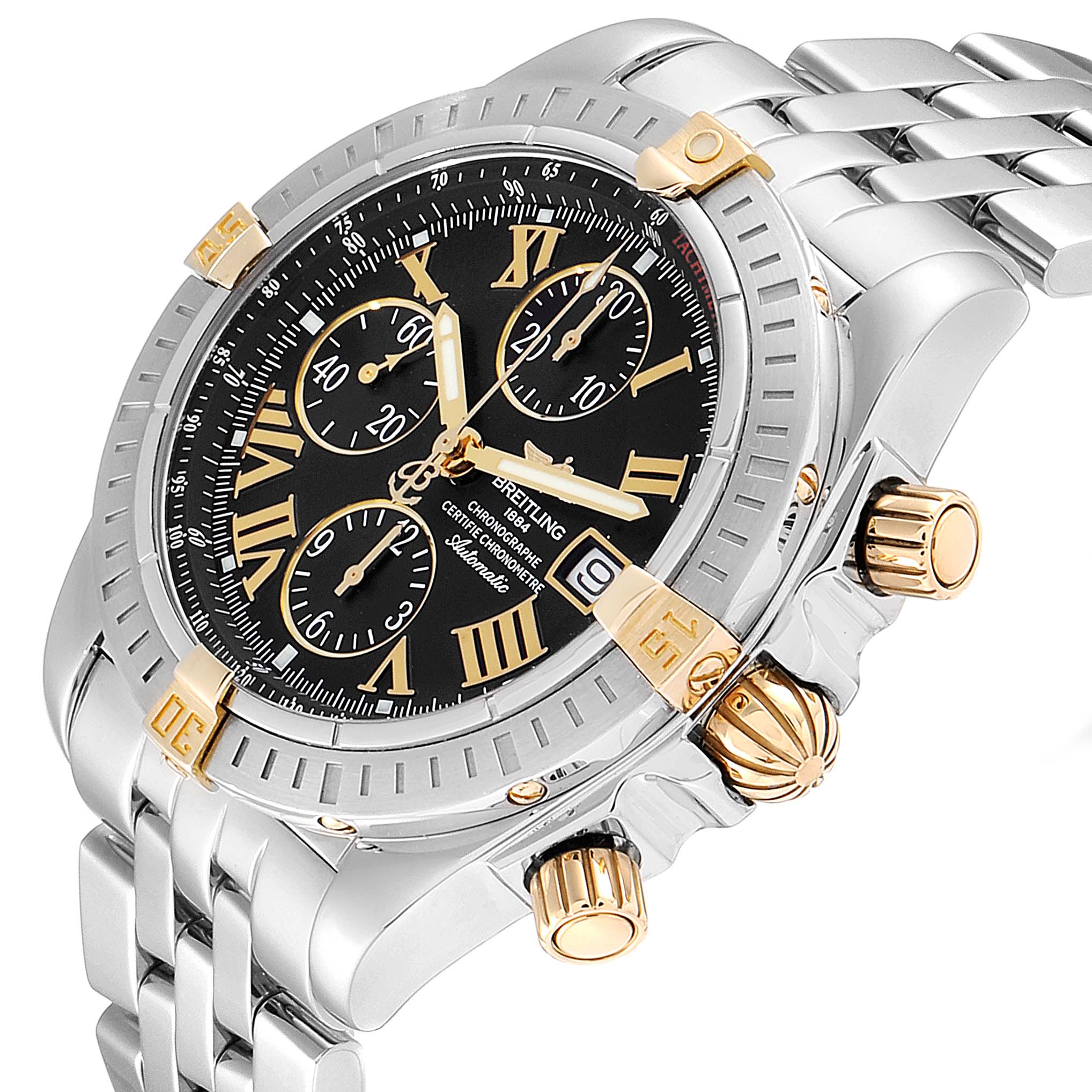 The Breitling Chronomat B13356 Men
s Steel and Gold (two tone) Black Dial B13356 Men
s Steel and Gold (two tone) Black Dial watch is shown at an angled view, displaying the dial, bezel, crown, pushers, and part of the bracelet.