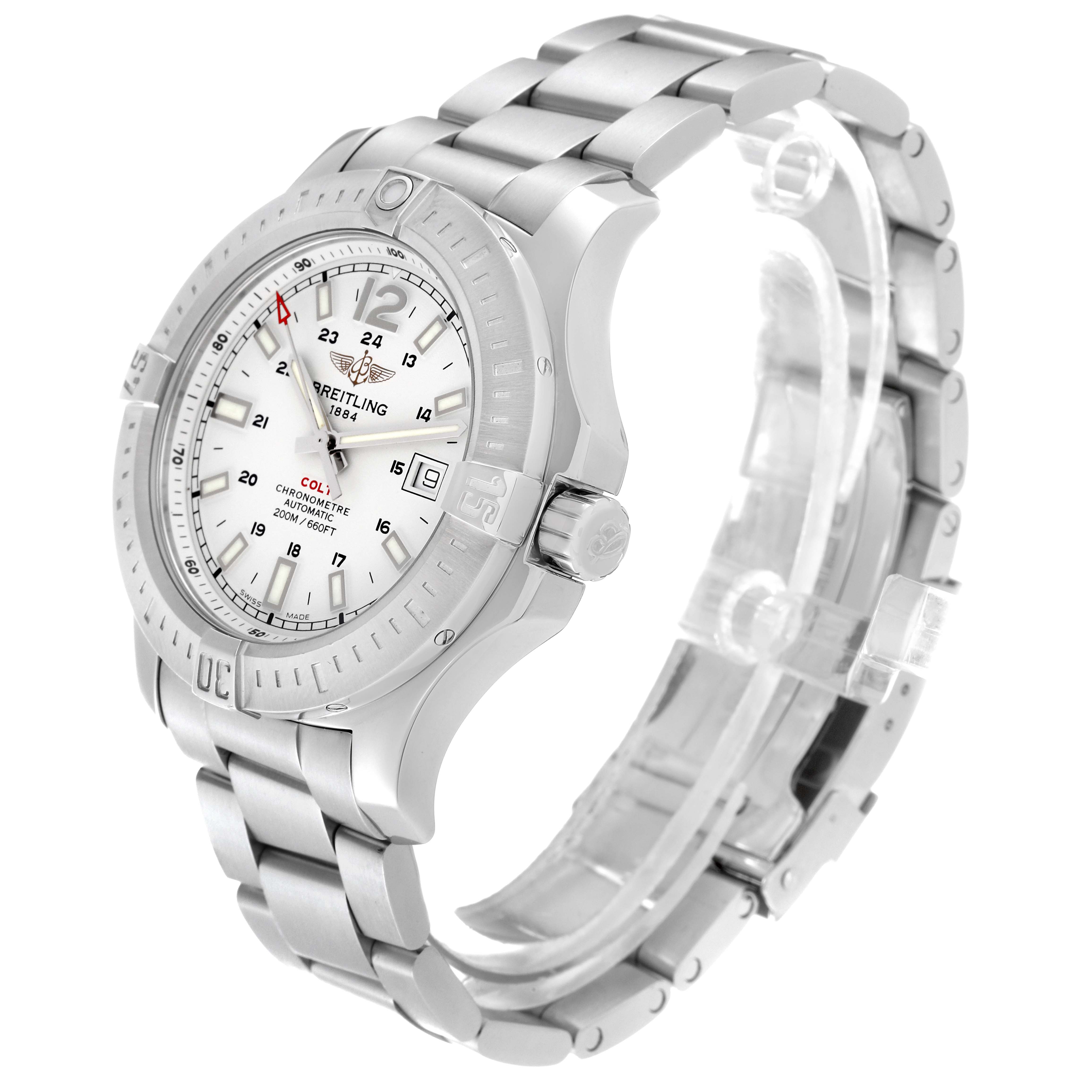 The image shows the Breitling Colt A1738811/G791 Men's Stainless Steel Silver Dial A1738811/G791 Men's Stainless Steel Silver Dial watch at a three-quarter angle, displaying the face, bezel, crown, and metal bracelet.