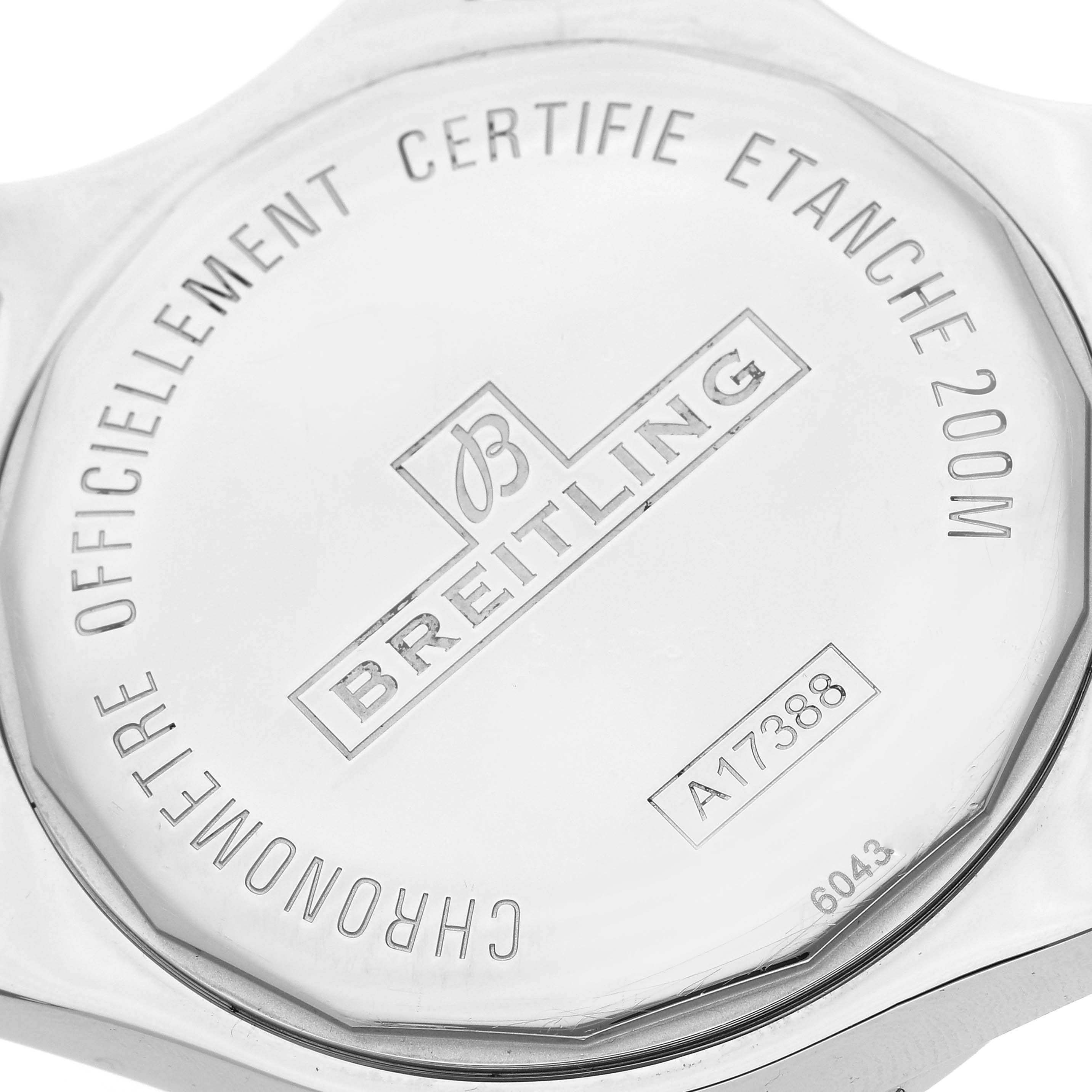 This image shows the back case of a Breitling Colt A1738811/G791 Men's Stainless Steel Silver Dial A1738811/G791 Men's Stainless Steel Silver Dial watch, highlighting its certification details and model number.