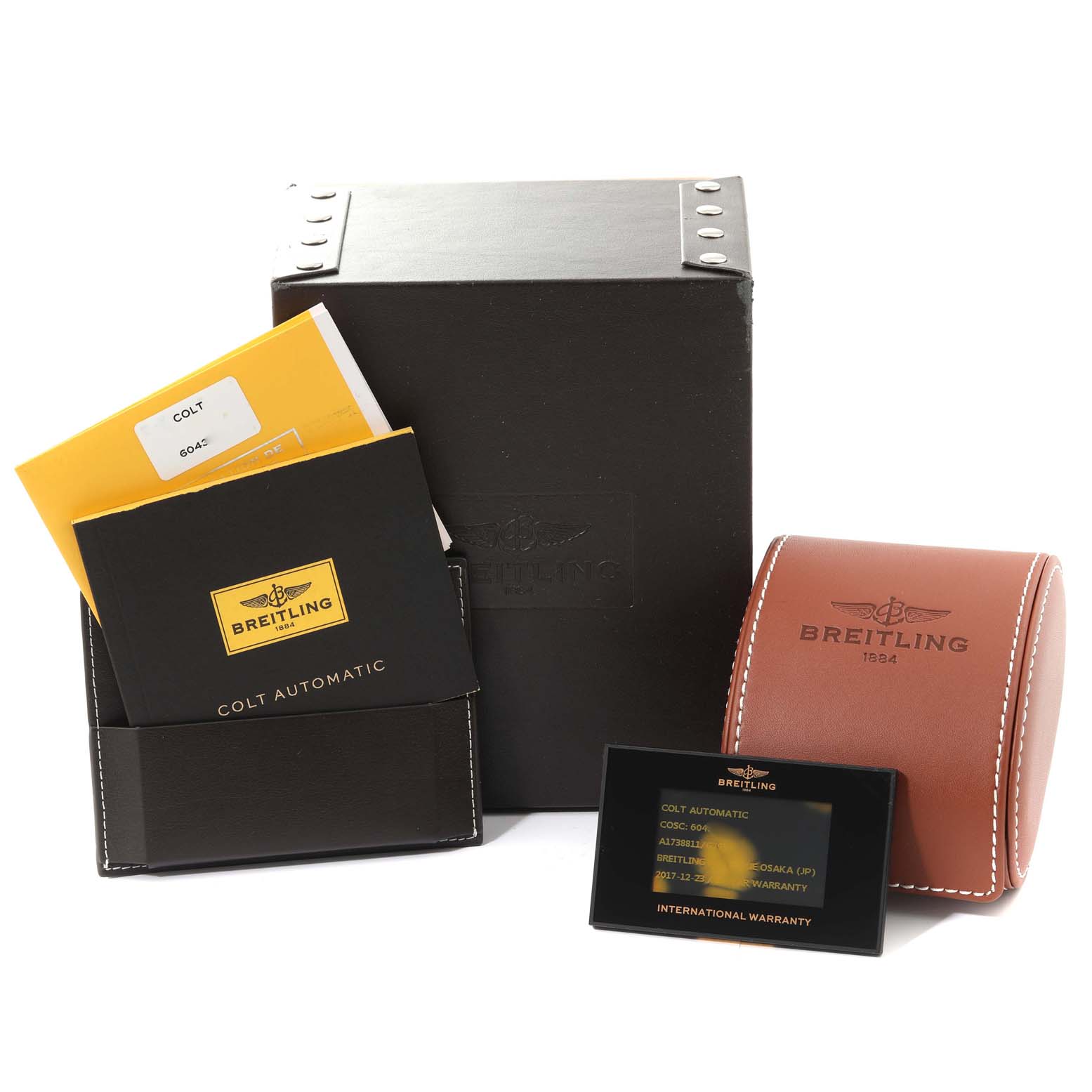 The image shows the packaging, manuals, warranty card, and leather case for the Breitling Colt A1738811/G791 Men's Stainless Steel Silver Dial A1738811/G791 Men's Stainless Steel Silver Dial watch model.