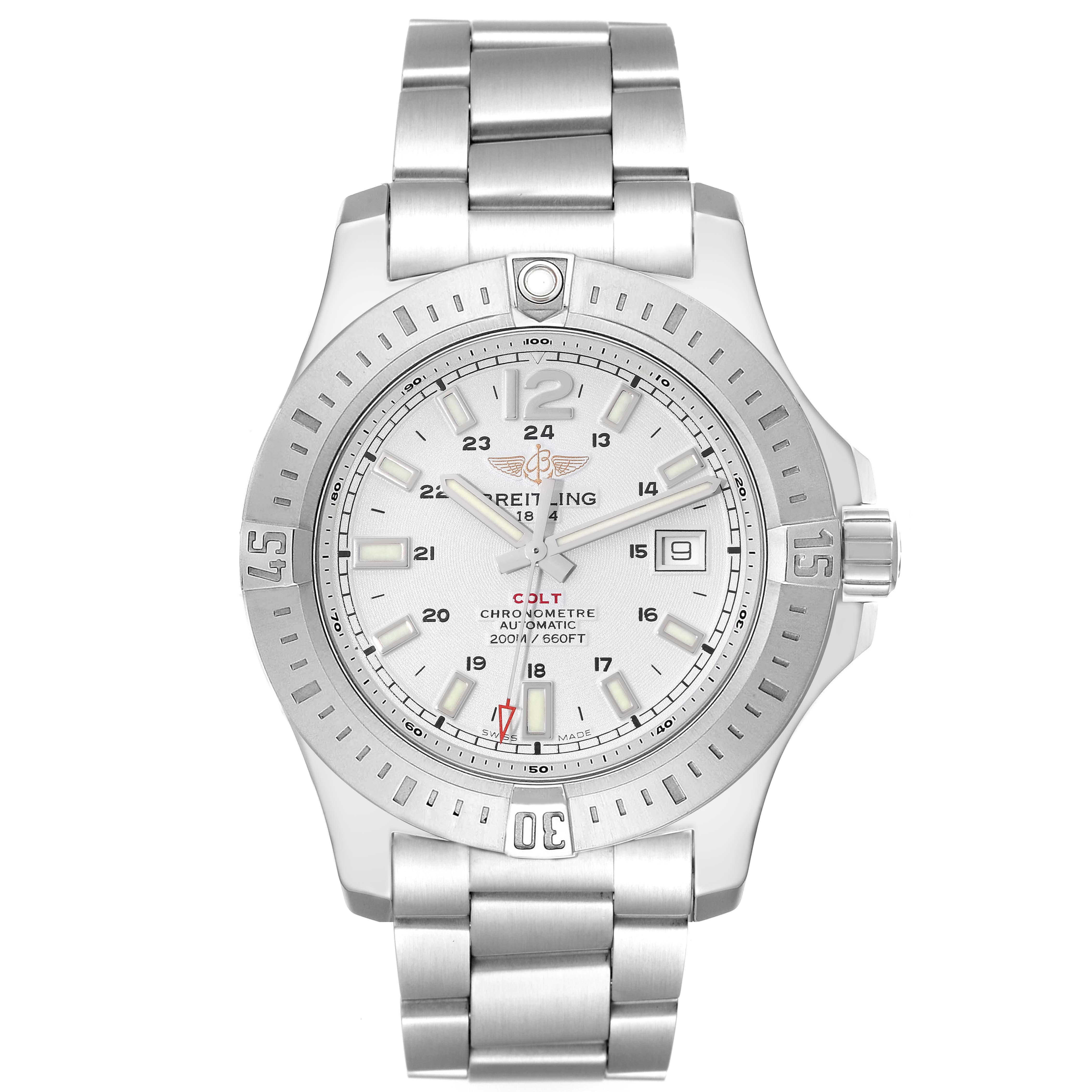 The image shows a front view of the Breitling Colt A1738811/G791 Men's Stainless Steel Silver Dial A1738811/G791 Men's Stainless Steel Silver Dial watch, displaying its dial, bezel, hands, bracelet, and date window at 3 o'clock.