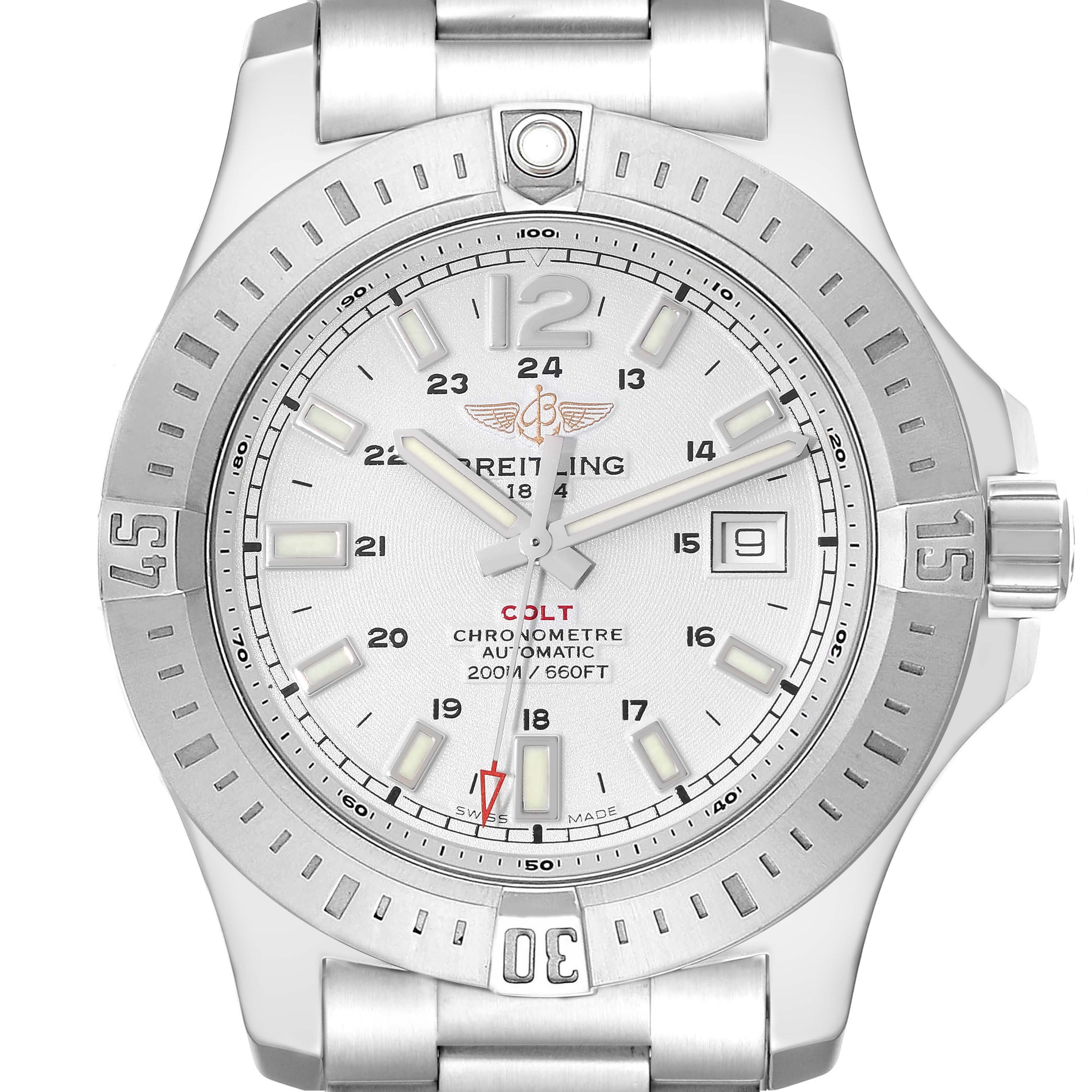 The image shows a front view of the Breitling Colt A1738811/G791 Men's Stainless Steel Silver Dial A1738811/G791 Men's Stainless Steel Silver Dial watch, displaying its dial, bezel, and part of the bracelet.