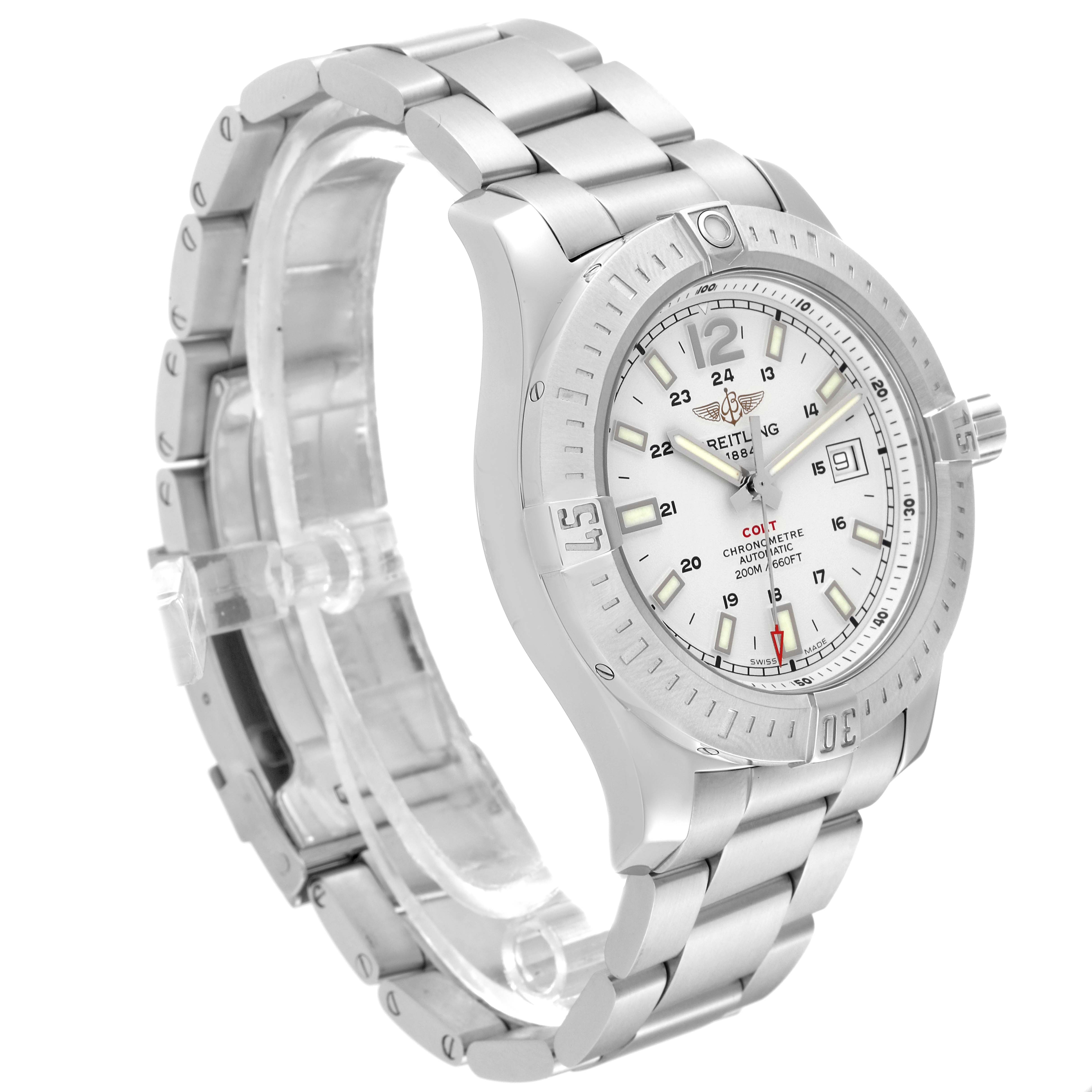 The Breitling Colt A1738811/G791 Men's Stainless Steel Silver Dial A1738811/G791 Men's Stainless Steel Silver Dial watch is shown at an angle highlighting its face, bezel, and metal bracelet.