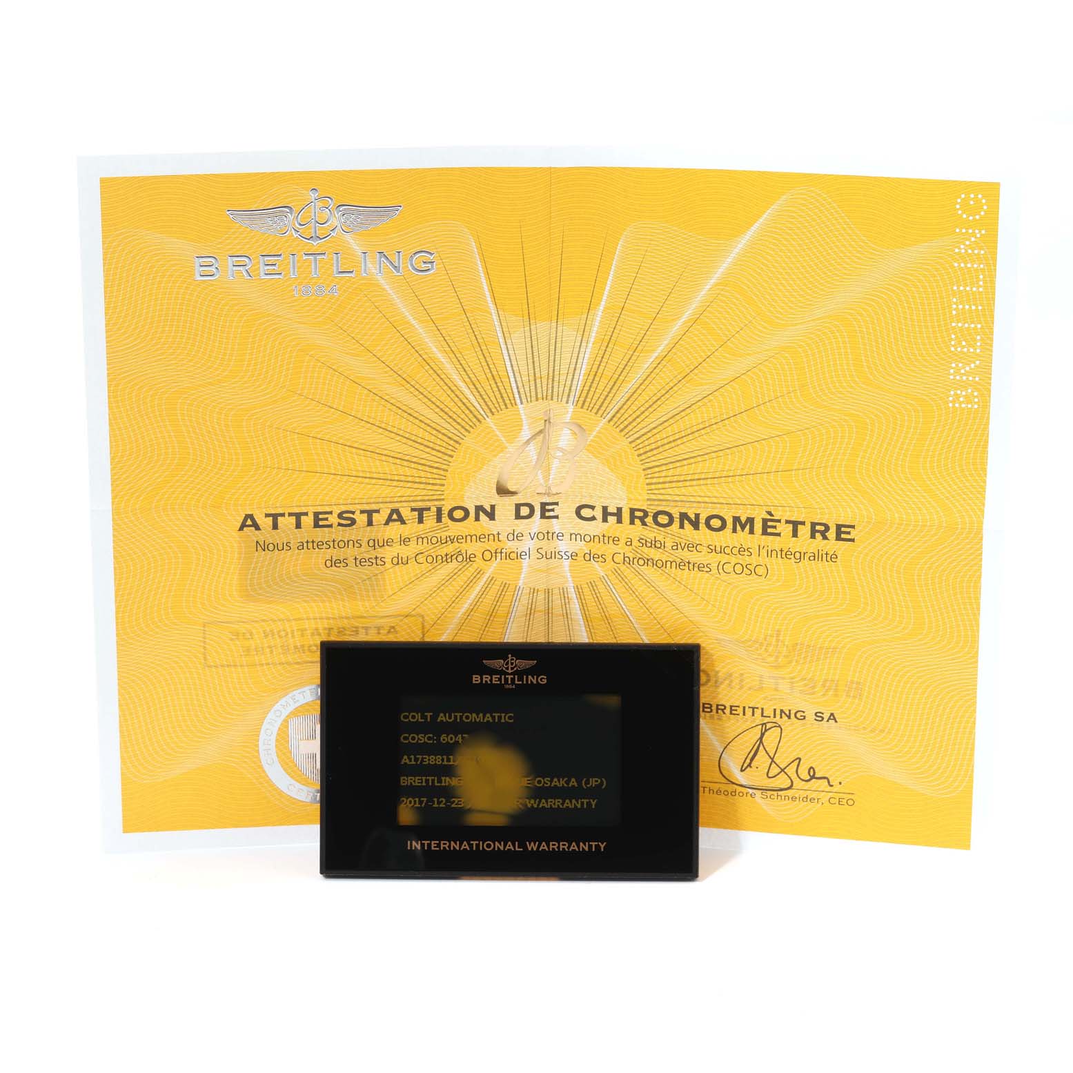 The image shows the warranty card and chronometer certificate for the Breitling Colt A1738811/G791 Men's Stainless Steel Silver Dial A1738811/G791 Men's Stainless Steel Silver Dial watch.