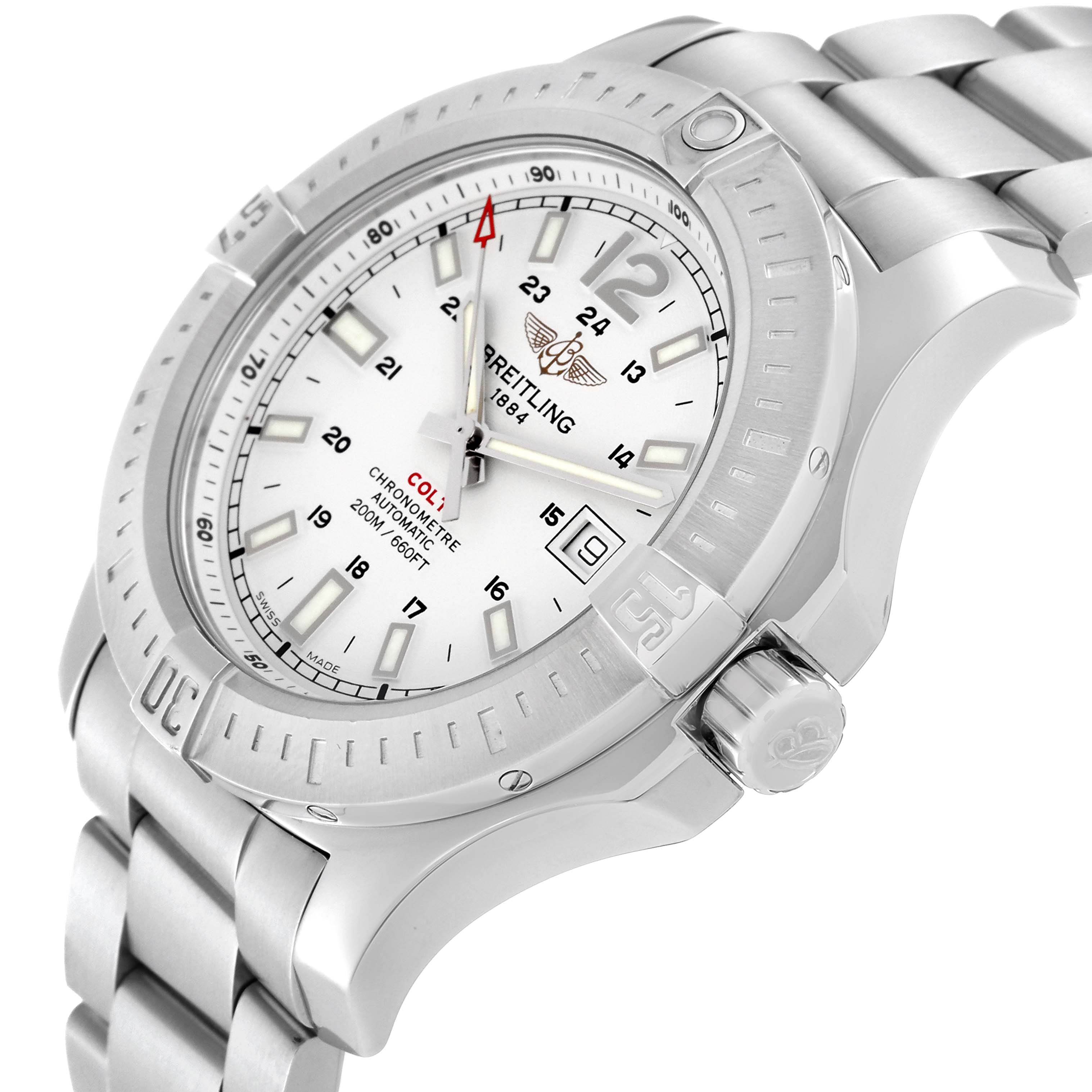 The Breitling Colt A1738811/G791 Men's Stainless Steel Silver Dial A1738811/G791 Men's Stainless Steel Silver Dial watch is shown at a slight angle, highlighting its face, bezel, crown, and part of its metal bracelet.