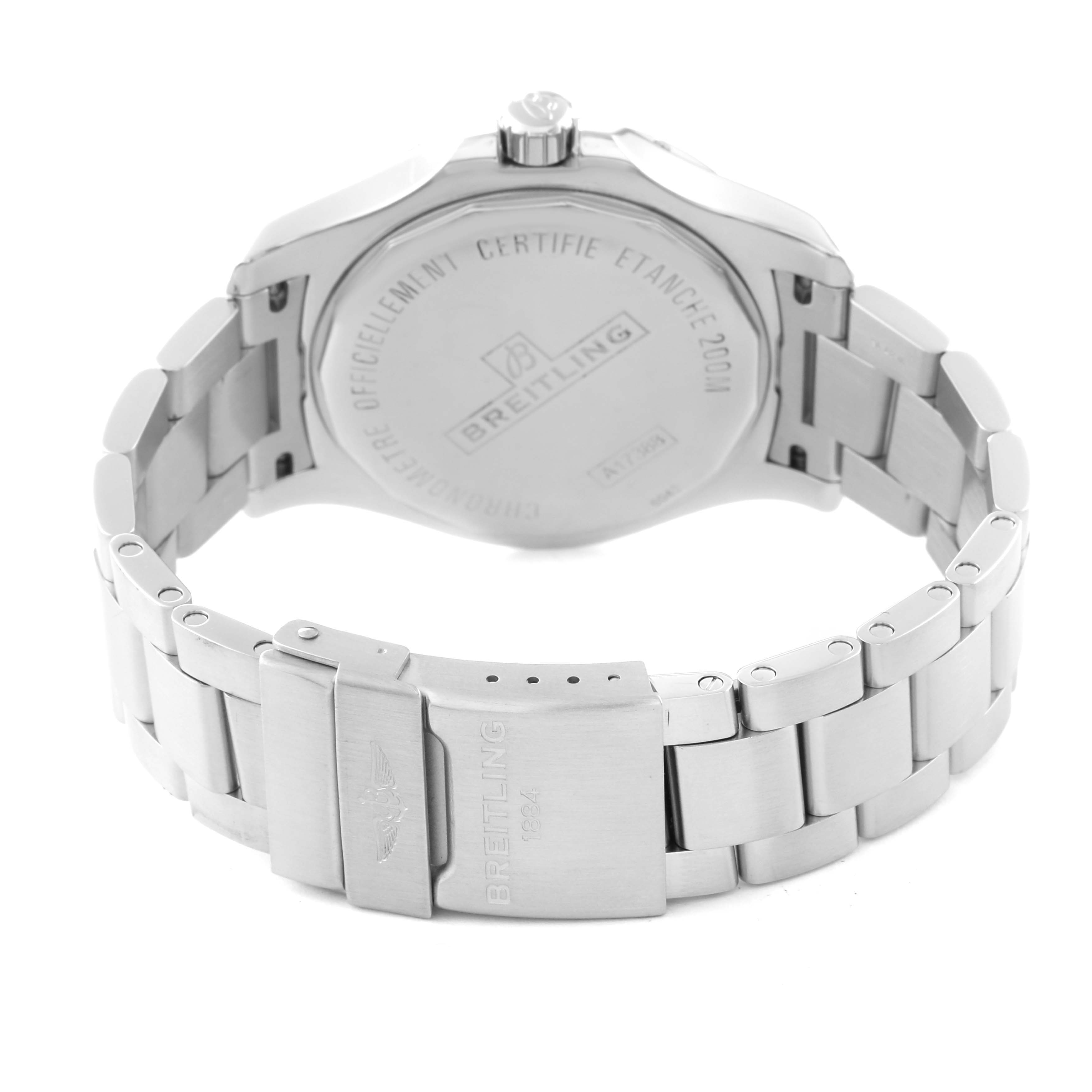 This image shows the back case and clasp of a Breitling Colt A1738811/G791 Men's Stainless Steel Silver Dial A1738811/G791 Men's Stainless Steel Silver Dial watch in a rear angle.