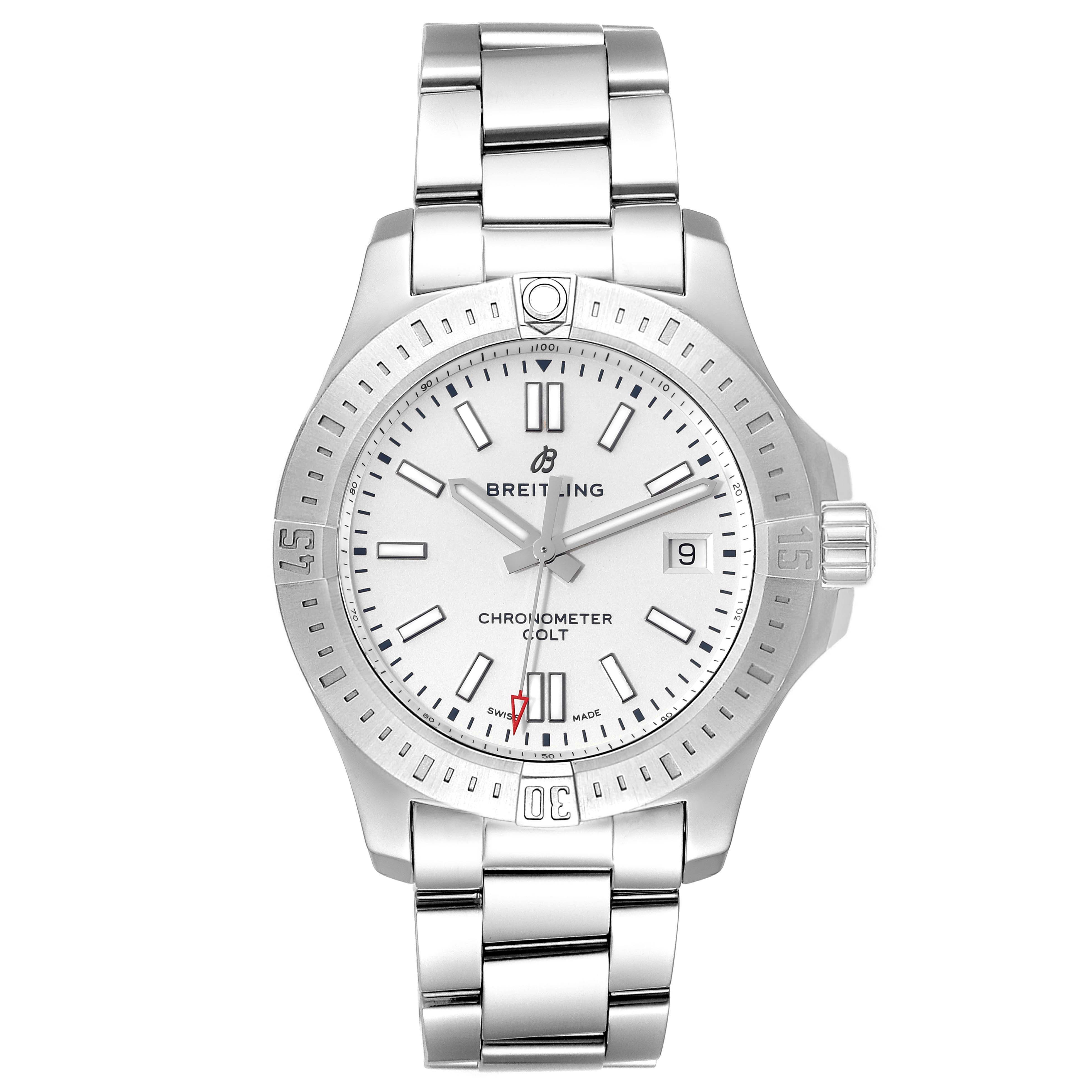 The image shows a front view of a Breitling Colt A17313 Men's Stainless Steel Silver Dial A17313 Men's Stainless Steel Silver Dial model watch, highlighting the dial, bezel, and bracelet.