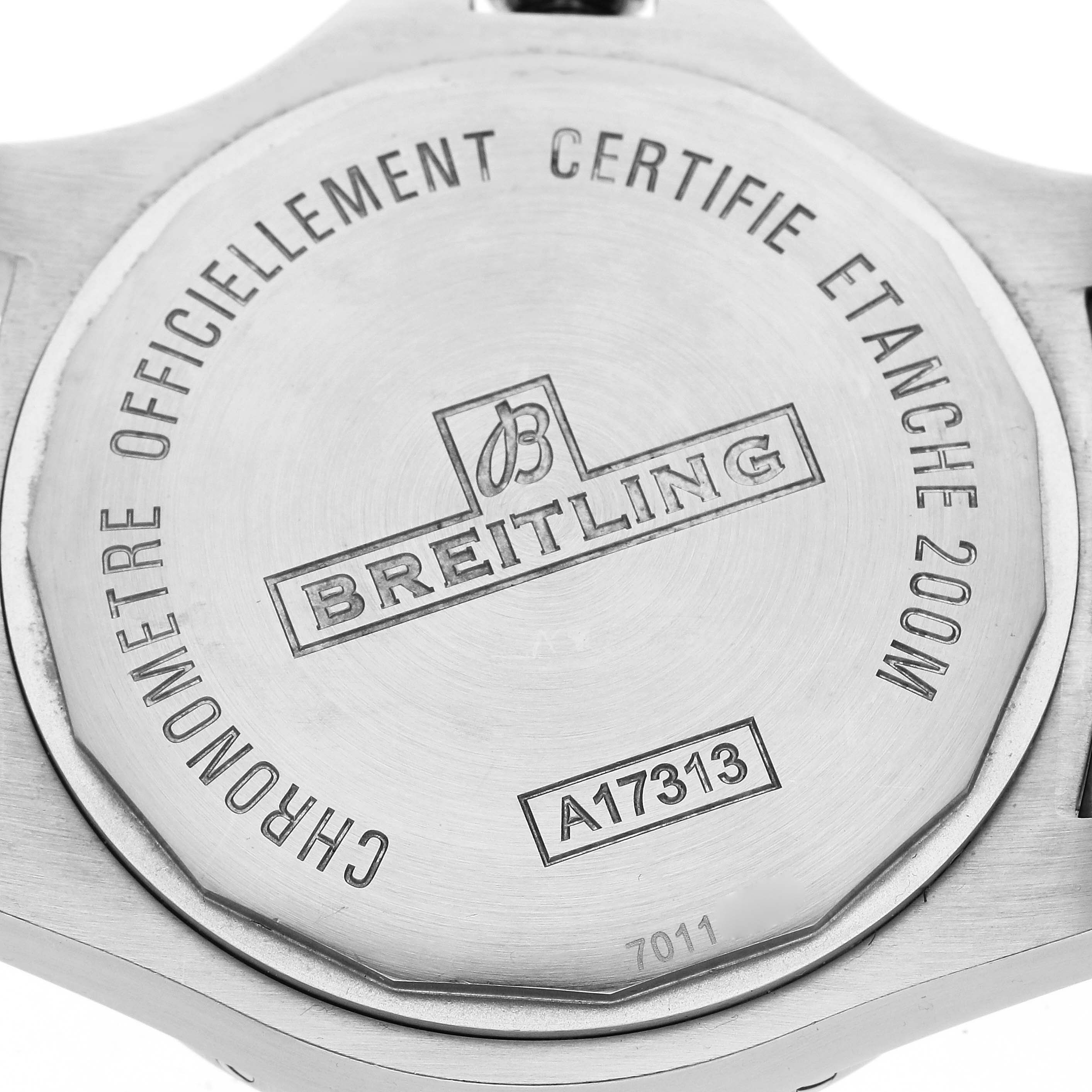 The image shows the back case of a Breitling Colt A17313 Men's Stainless Steel Silver Dial A17313 Men's Stainless Steel Silver Dial watch, highlighting the brand, model number, and water resistance.