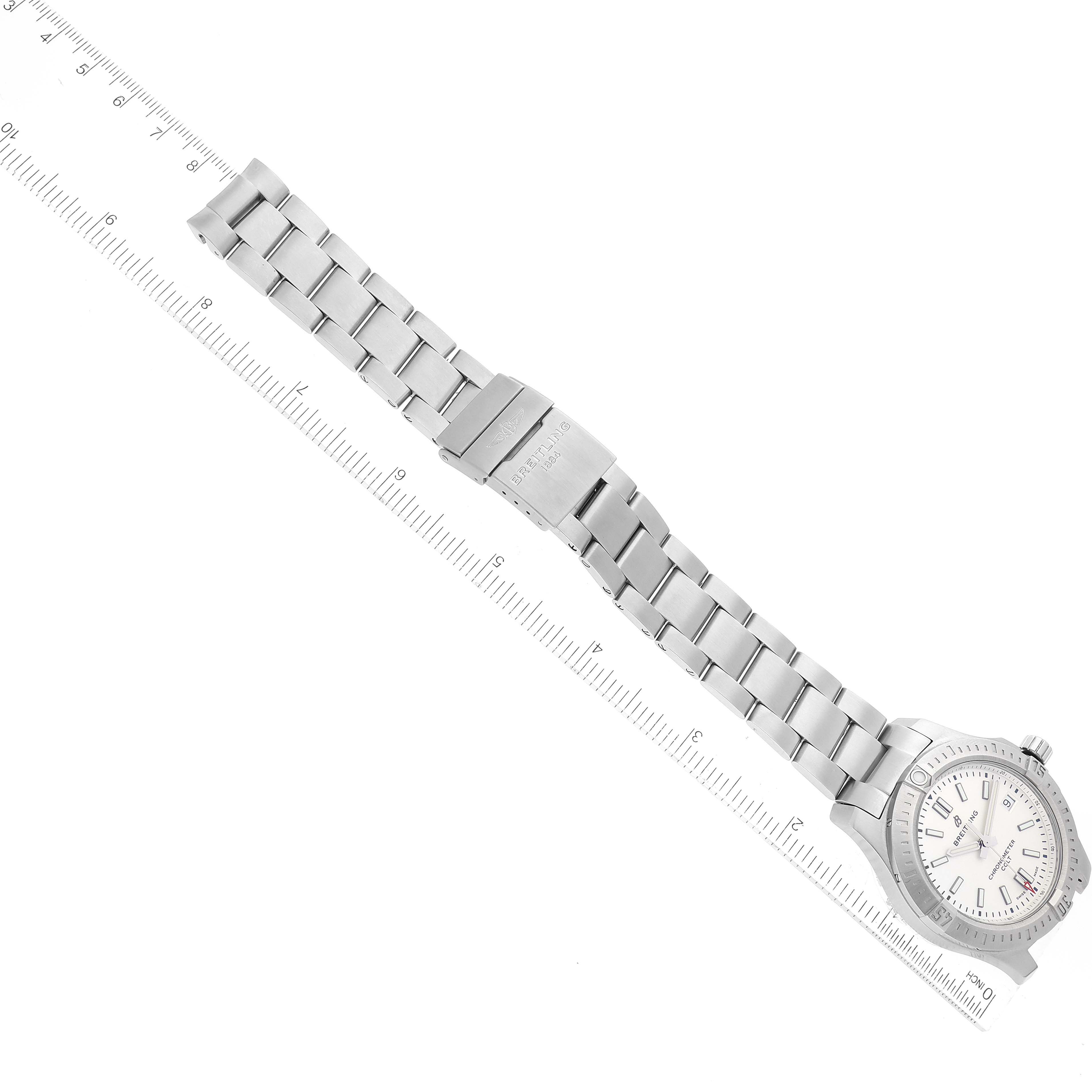 The image shows the full length of a Breitling Colt A17313 Men's Stainless Steel Silver Dial A17313 Men's Stainless Steel Silver Dial watch, including the case, dial, bracelet, and deployment clasp, photographed flat.