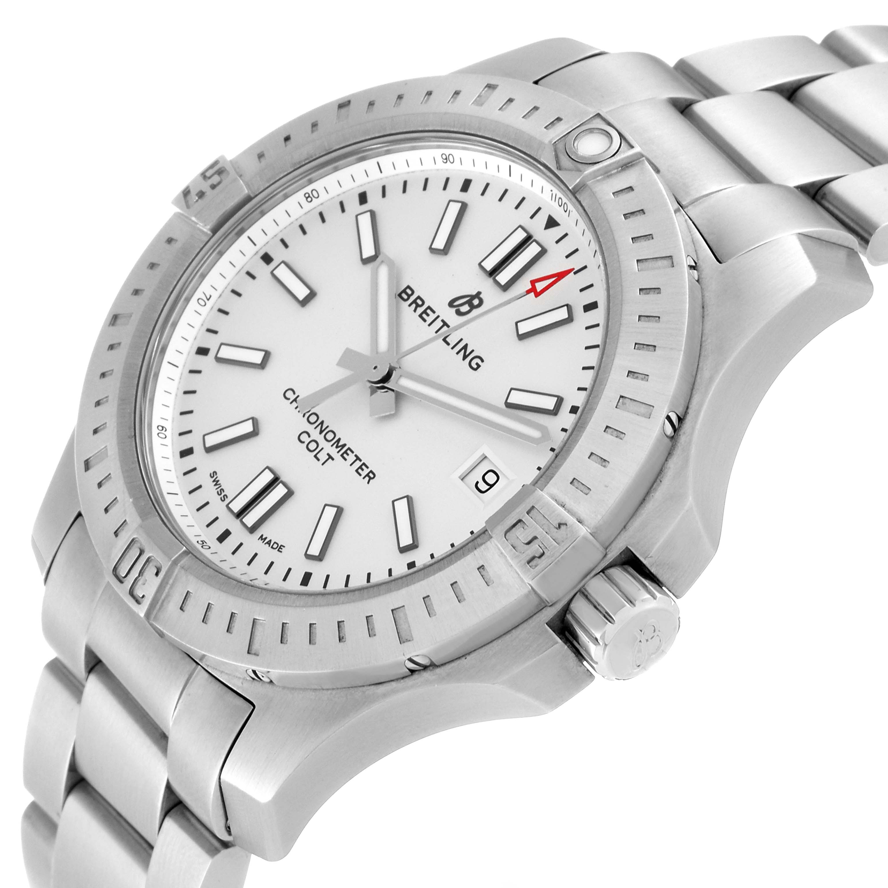 This image shows a Breitling Colt A17313 Men's Stainless Steel Silver Dial A17313 Men's Stainless Steel Silver Dial watch from a three-quarter angle, highlighting its dial, bezel, and part of the bracelet.