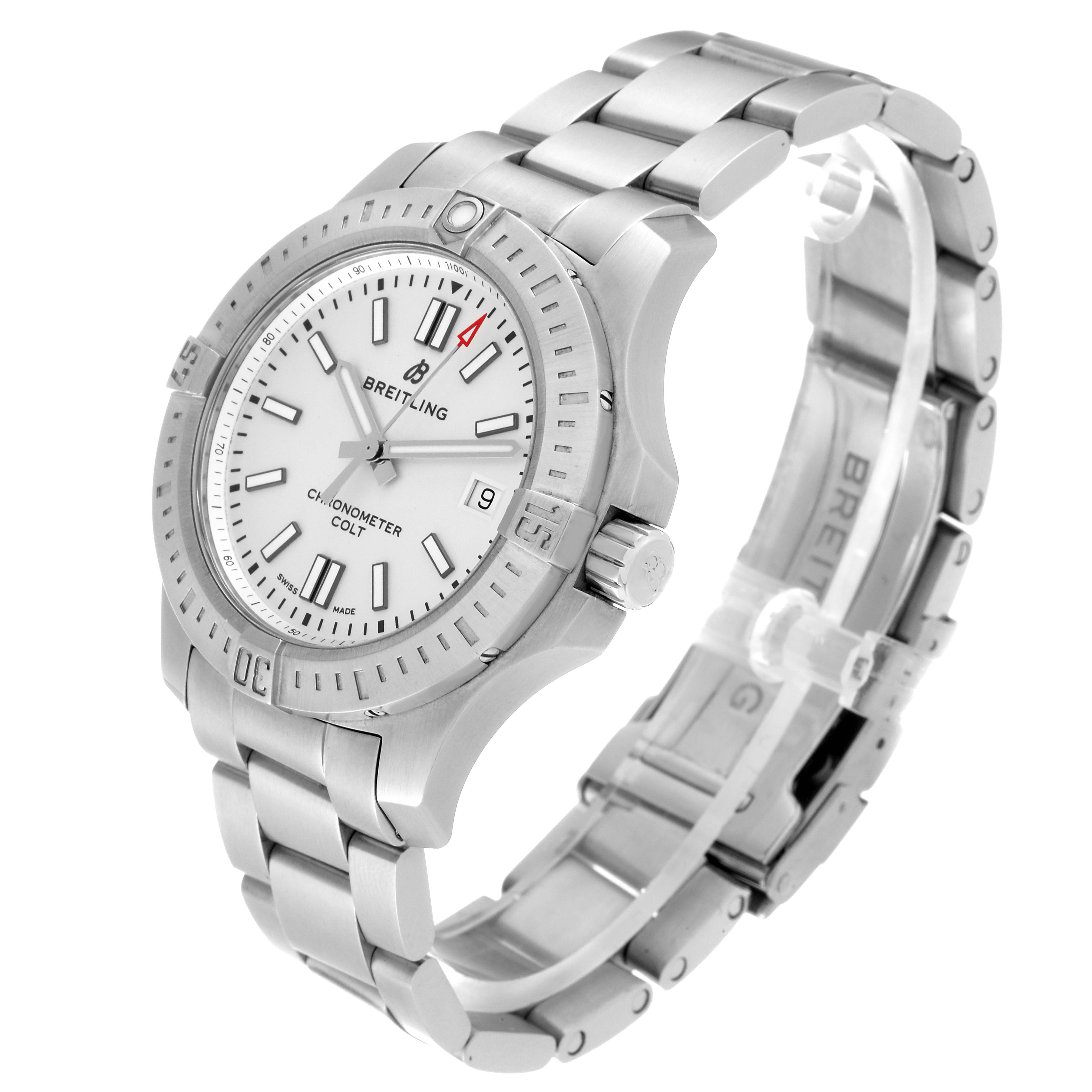 The image shows a Breitling Colt A17313 Men's Stainless Steel Silver Dial A17313 Men's Stainless Steel Silver Dial model watch, angled to display the face, bezel, bracelet, and clasp.