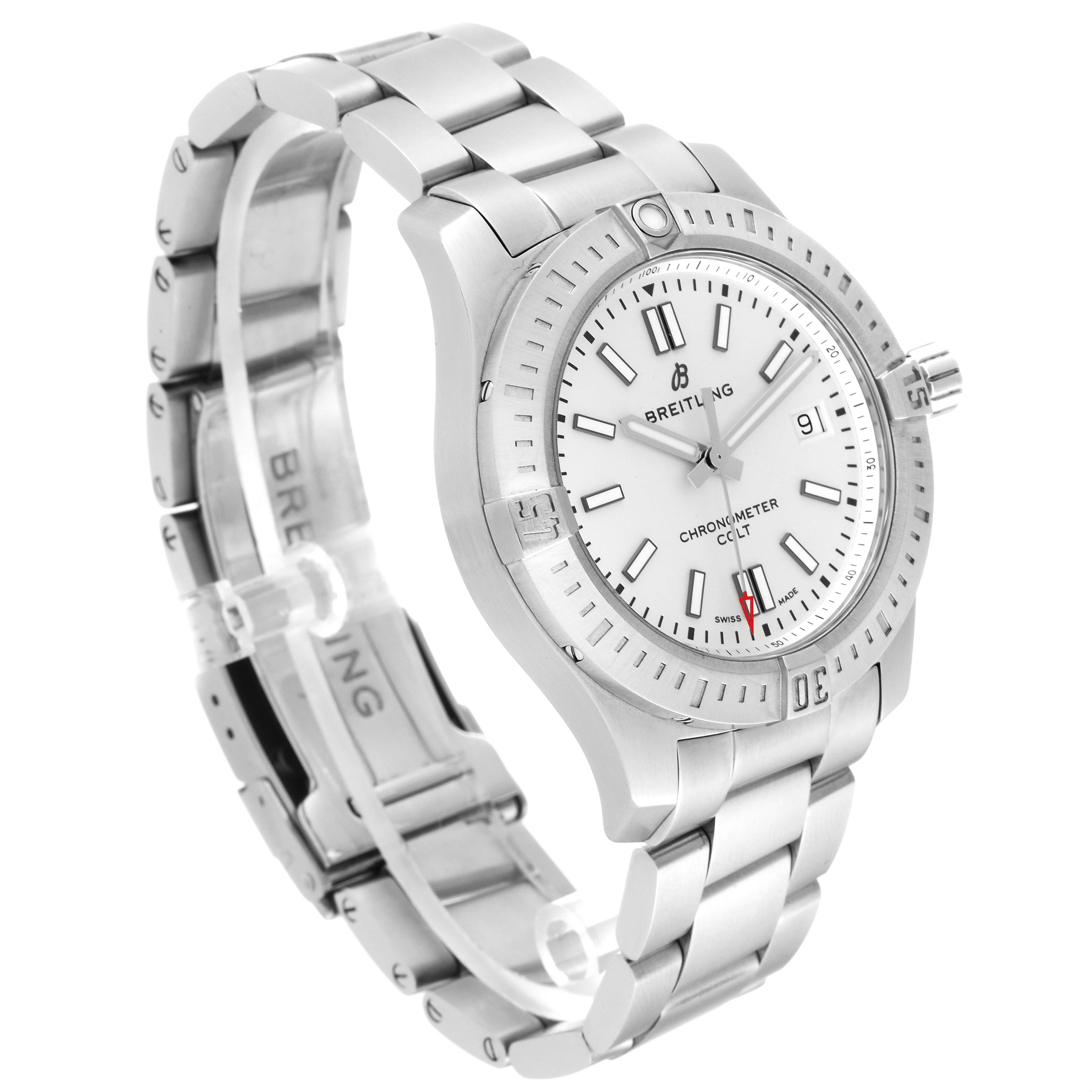 The image shows a side angle of a Breitling Colt A17313 Men's Stainless Steel Silver Dial A17313 Men's Stainless Steel Silver Dial watch, highlighting its dial, stainless steel bracelet, and clasp.