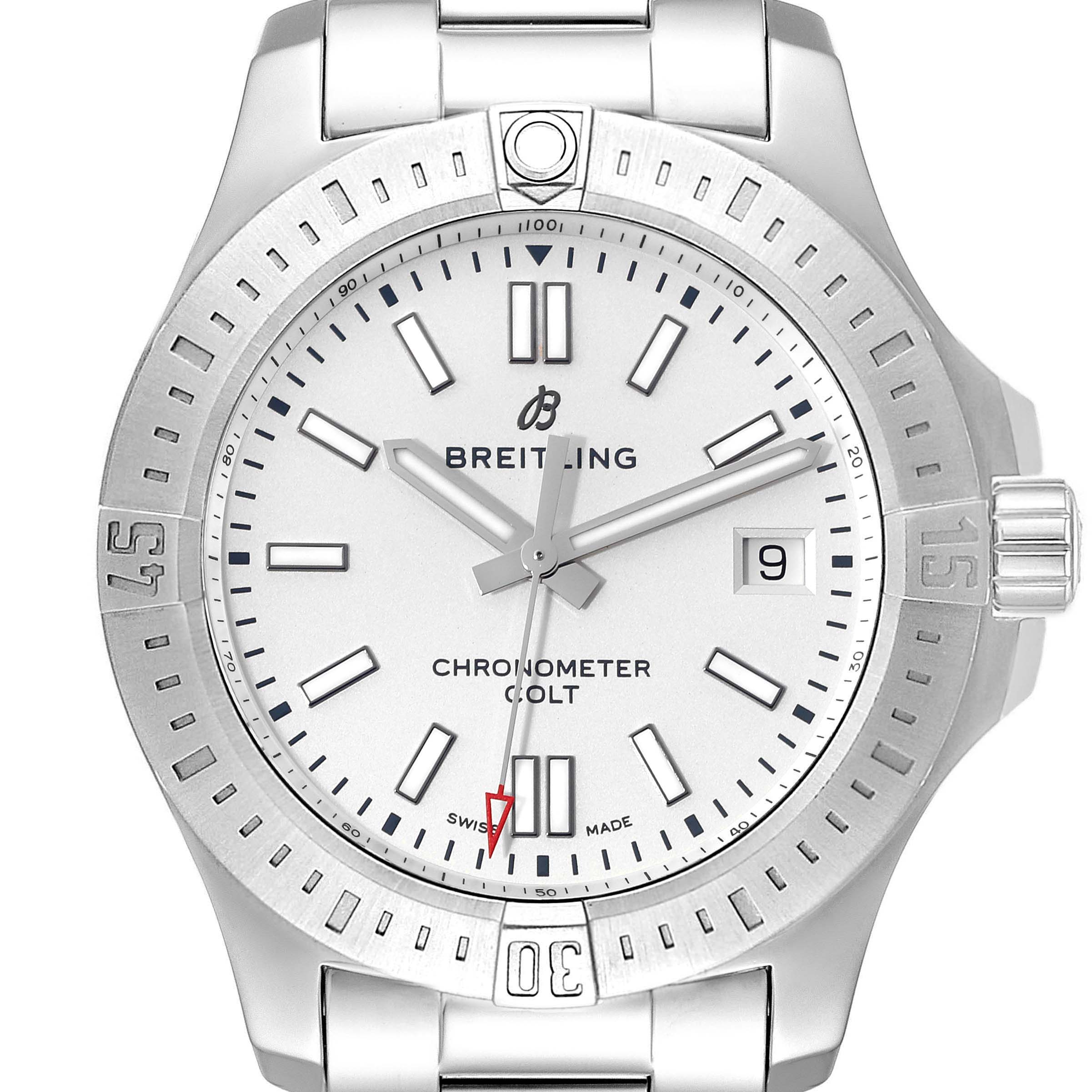 The image shows a front view of the Breitling Colt A17313 Men's Stainless Steel Silver Dial A17313 Men's Stainless Steel Silver Dial Chronometer watch, highlighting its face, bezel, and crown.