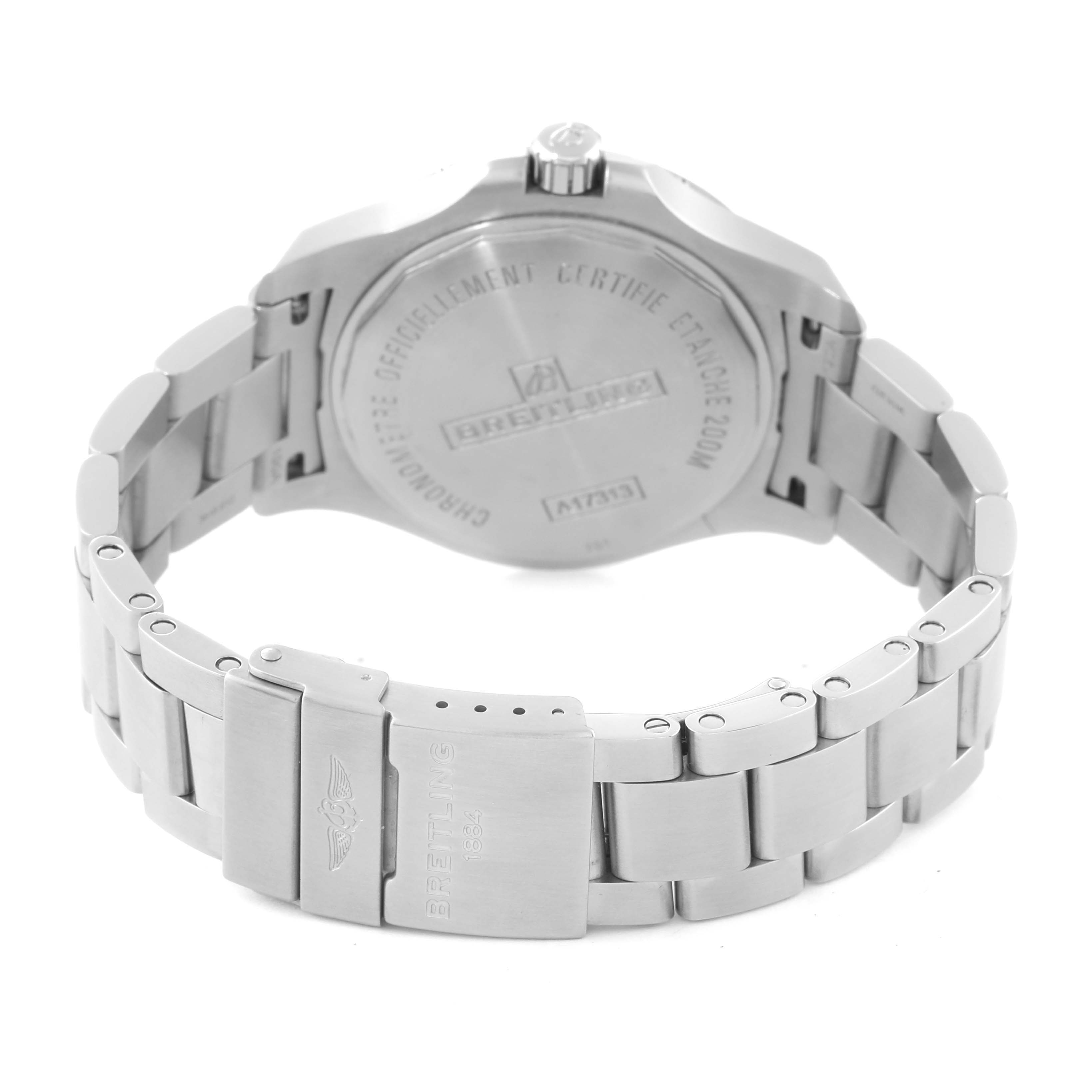 The image shows the back case and metal bracelet of a Breitling Colt A17313 Men's Stainless Steel Silver Dial A17313 Men's Stainless Steel Silver Dial watch, including the engraved clasp and case back.