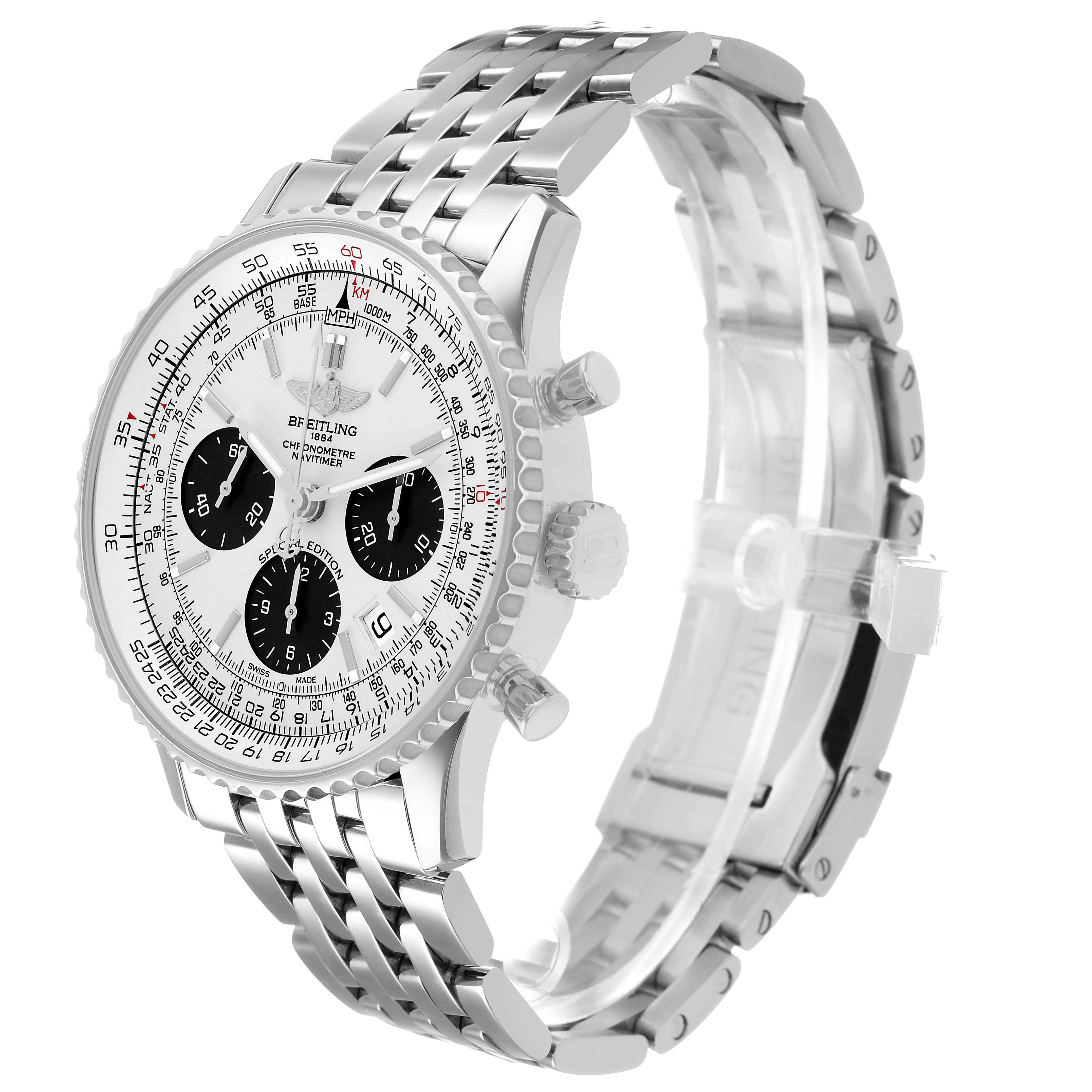 The Breitling Navitimer AB012012/G826 Men's Stainless Steel Silver Dial watch is shown at a three-quarter angle, highlighting the dial, bezel, crown, pushers, and metal bracelet.