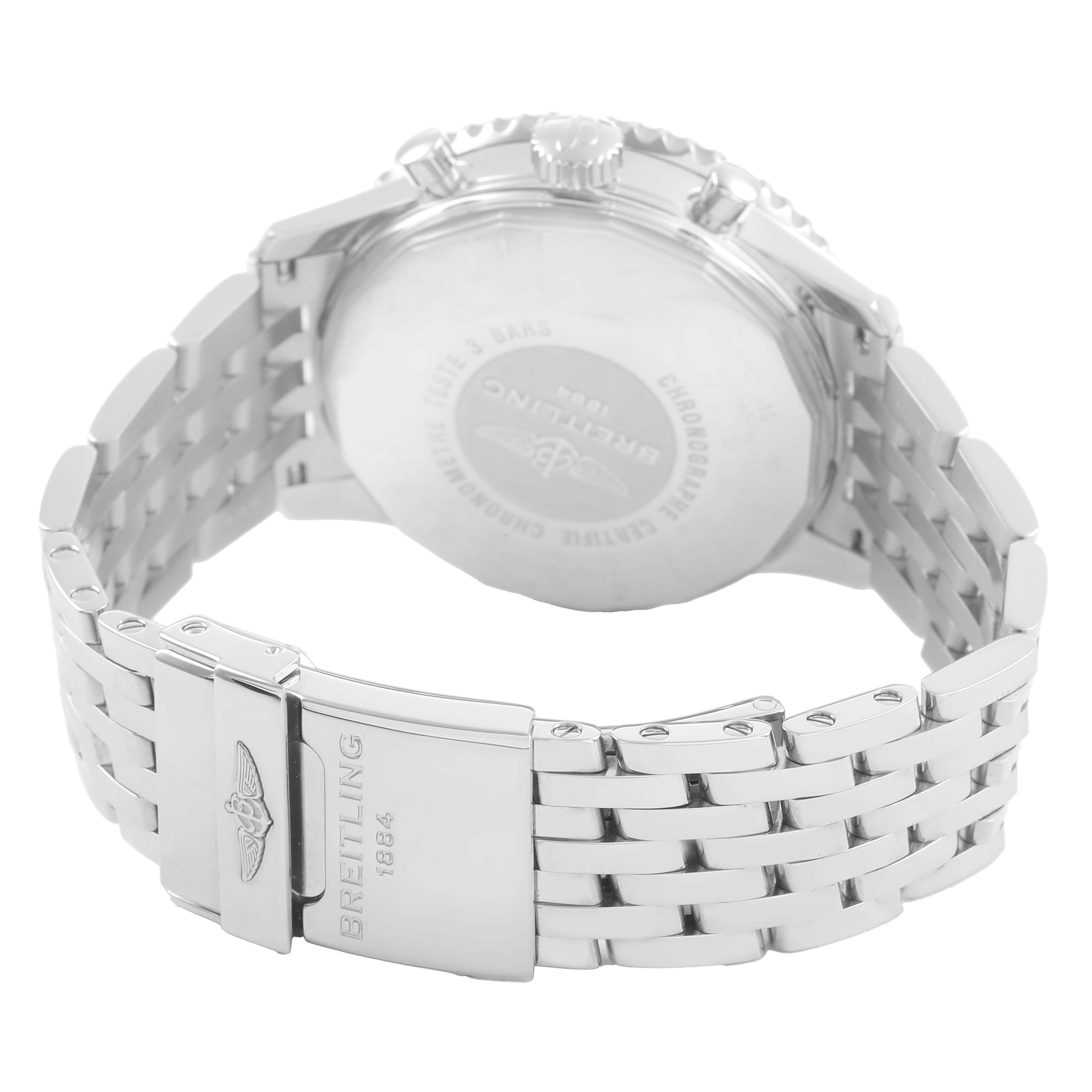 The Breitling Navitimer AB012012/G826 Men's Stainless Steel Silver Dial watch is shown from the back, highlighting the case back, bracelet, and clasp.