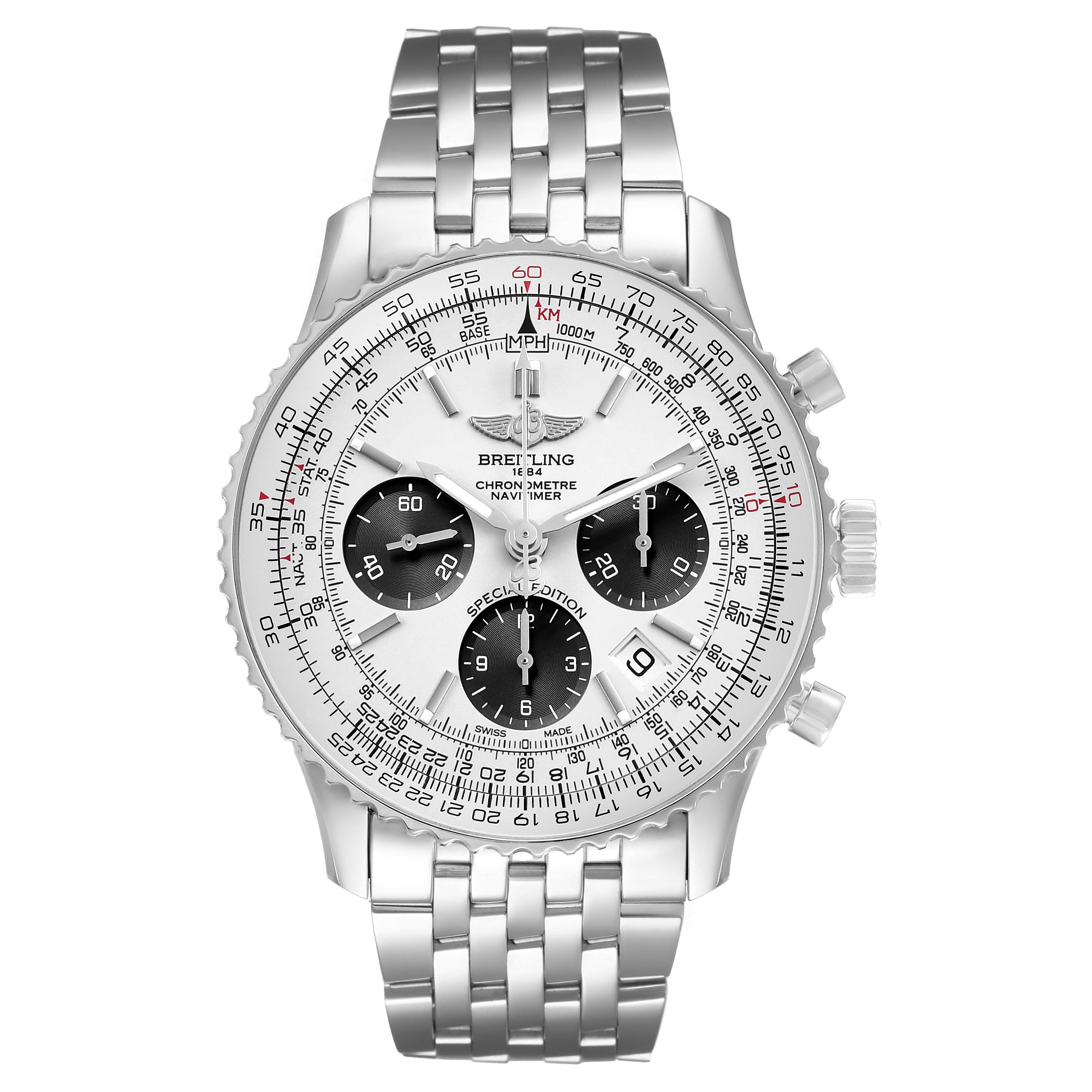 The image shows a frontal view of the Breitling Navitimer AB012012/G826 Men's Stainless Steel Silver Dial watch, focusing on the dial, bezel, subdials, and metal bracelet.