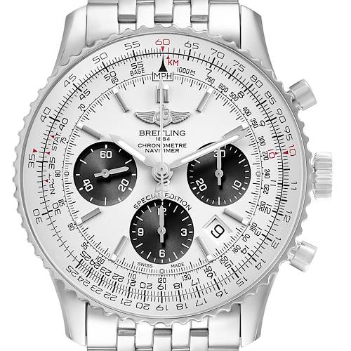 The Breitling Navitimer AB012012/G826 Men's Stainless Steel Silver Dial watch is shown from the front, featuring a detailed dial, subdials, slide rule bezel, and stainless steel bracelet.