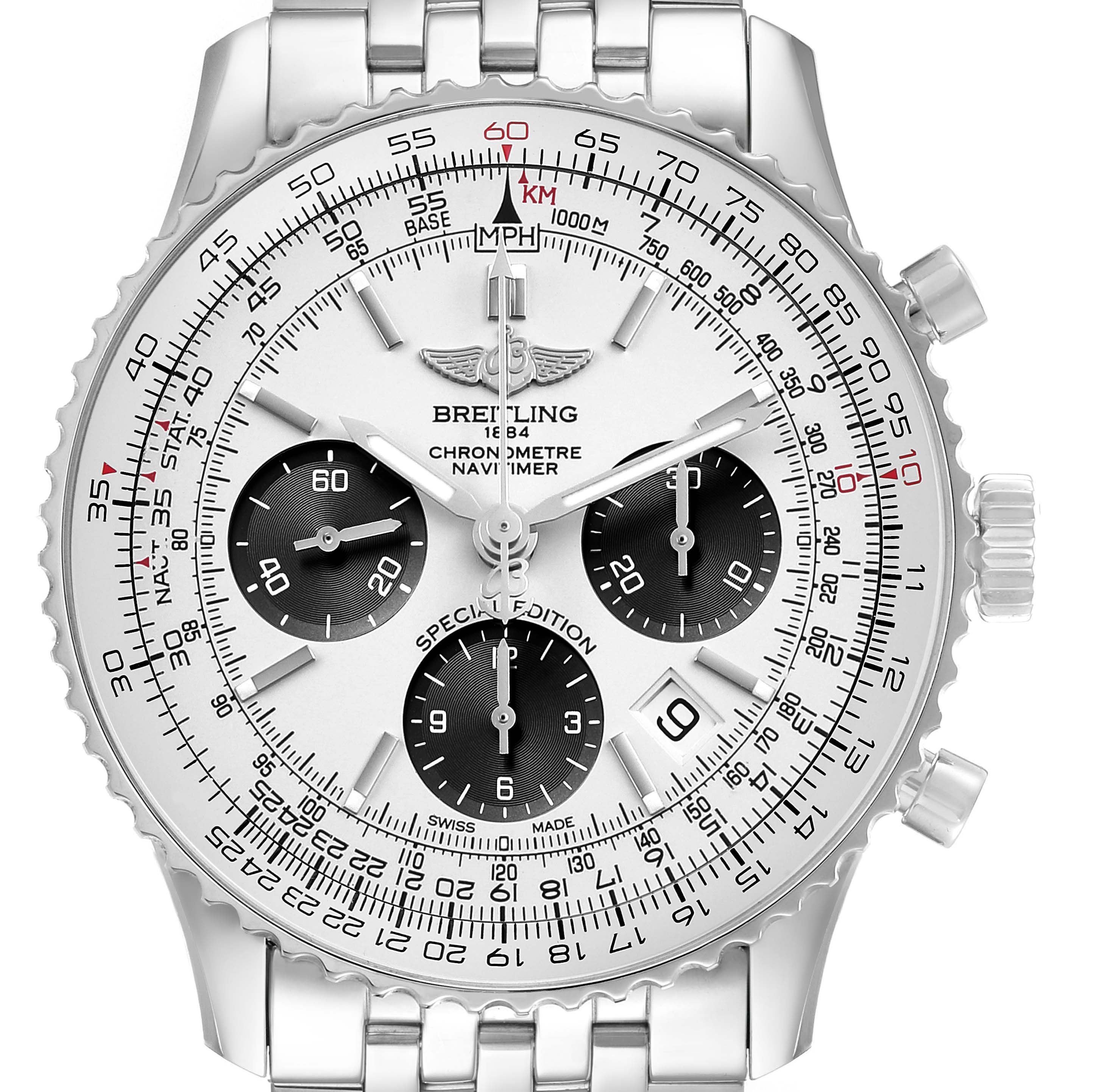 The Breitling Navitimer AB012012/G826 Men's Stainless Steel Silver Dial watch is shown from a front angle, displaying its dial, bezel, subdials, and bracelet.