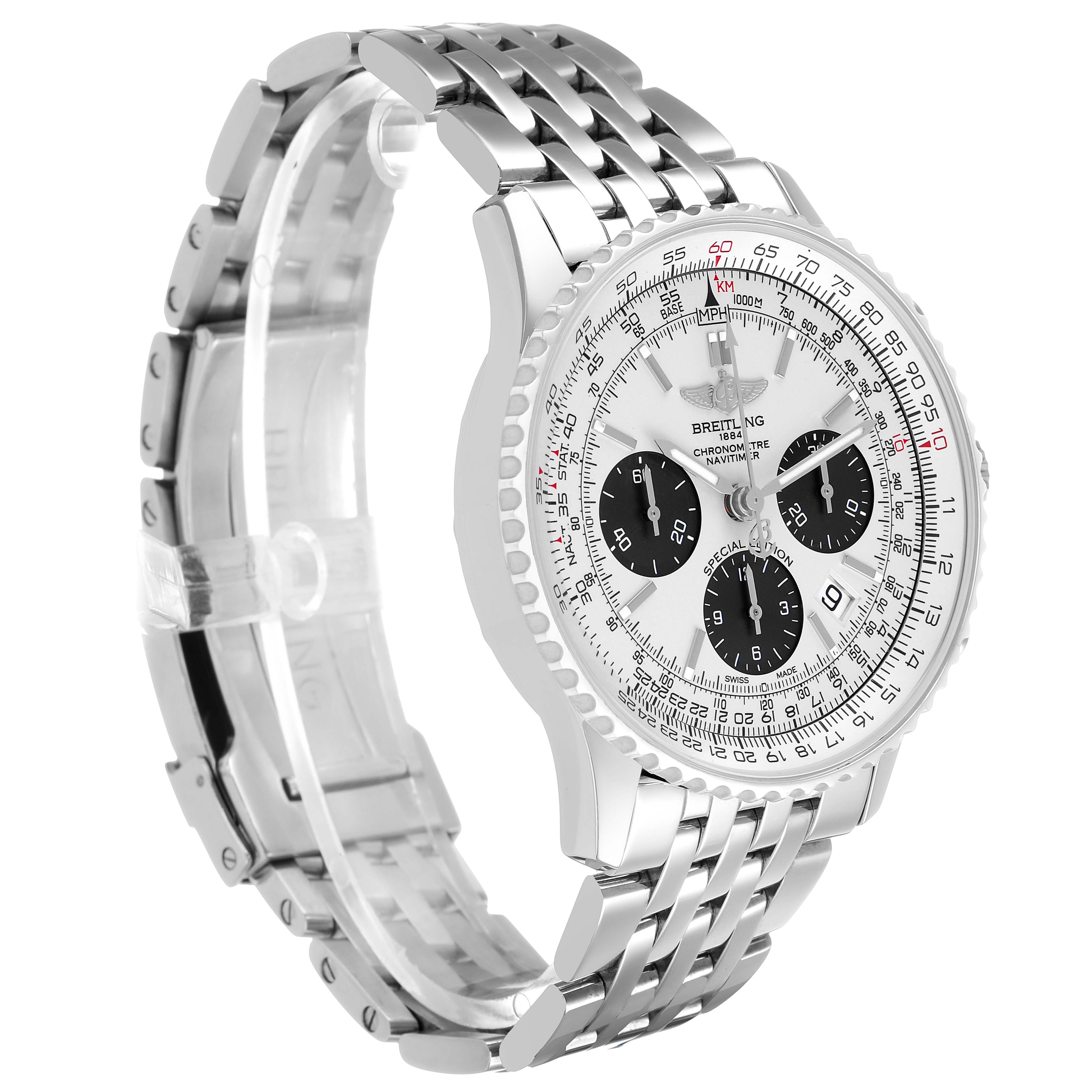 The Breitling Navitimer AB012012/G826 Men's Stainless Steel Silver Dial watch is shown at a three-quarter angle, highlighting the face, bezel, and metal bracelet.
