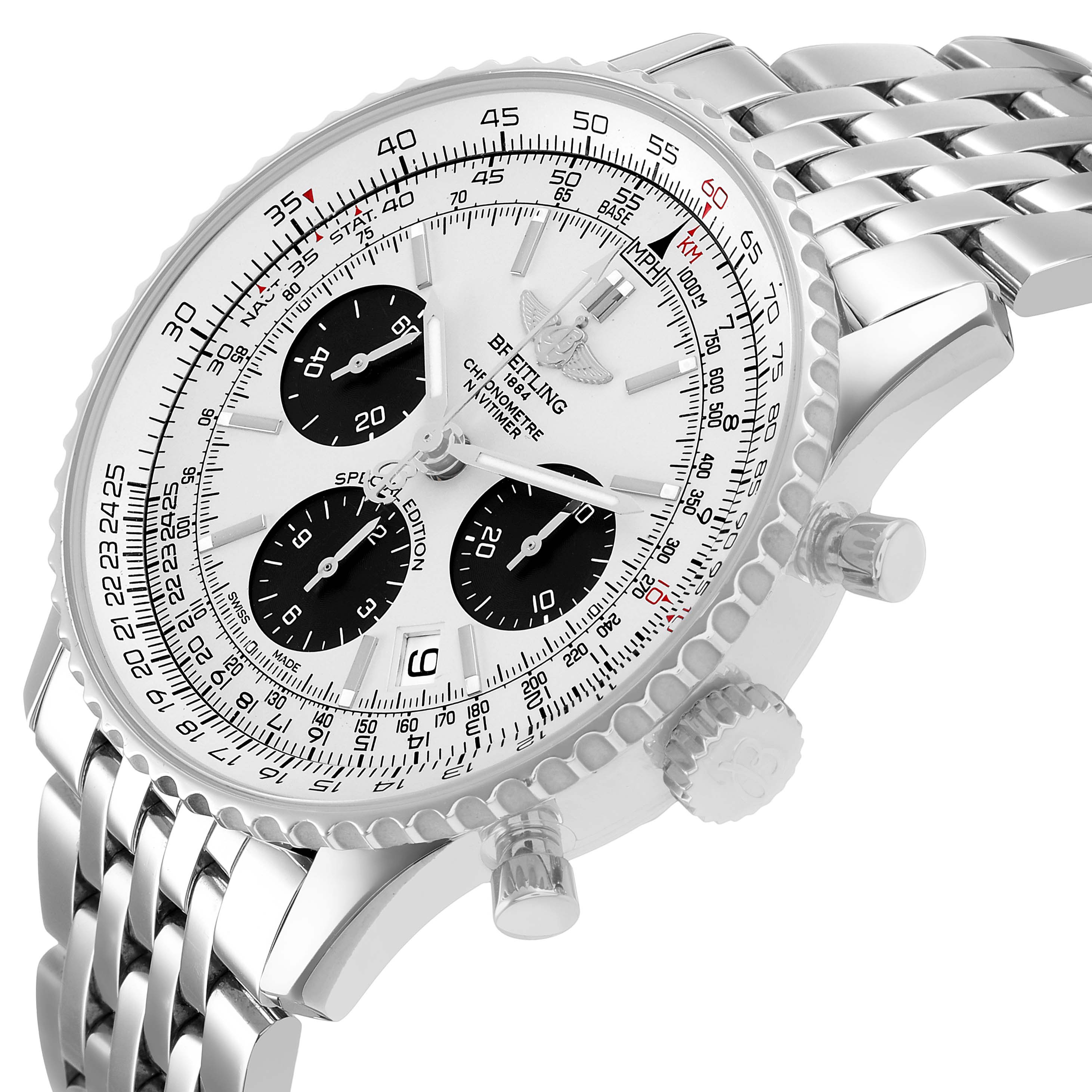 The image shows a Breitling Navitimer AB012012/G826 Men's Stainless Steel Silver Dial watch at an angle highlighting the face, bezel, pushers, crown, and bracelet.