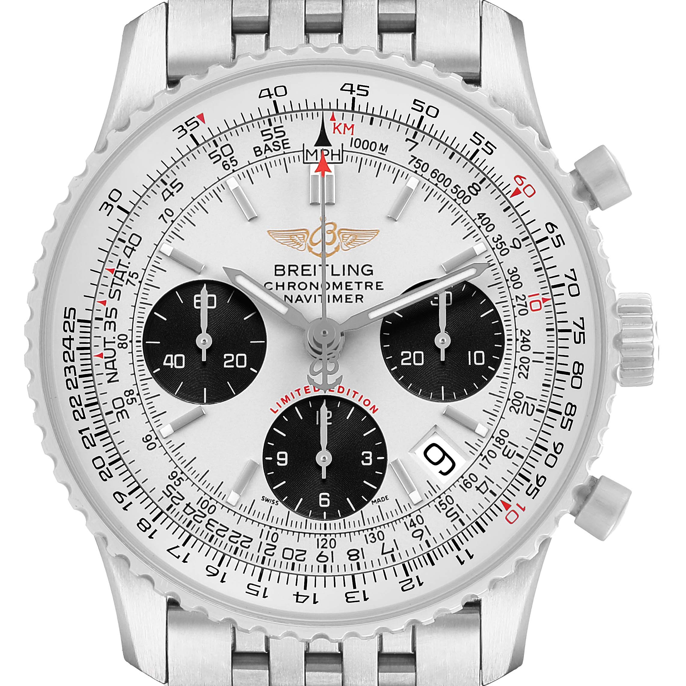 The Breitling Navitimer A23322 / A232G09NP Men's Stainless Steel Silver Dial is shown front-on, displaying the dial, sub-dials, bezel, crown, and part of the bracelet.