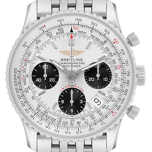 This image shows a front view of the Breitling Navitimer A23322 / A232G09NP Men's Stainless Steel Silver Dial watch, featuring its dial, bezel, subdials, and stainless steel bracelet.