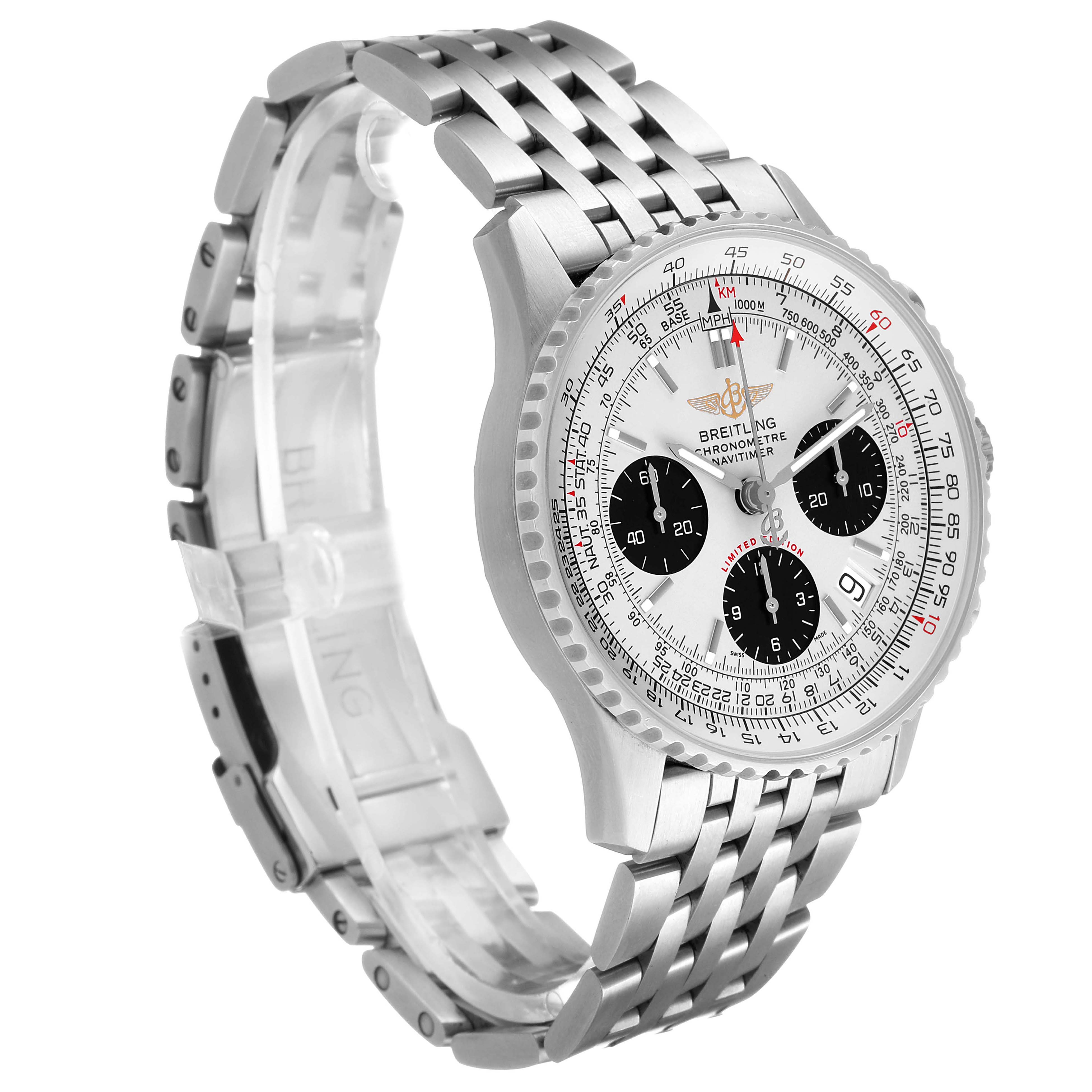 The Breitling Navitimer A23322 / A232G09NP Men's Stainless Steel Silver Dial watch is shown from a three-quarter angle, highlighting the face, bezel, and metal bracelet.