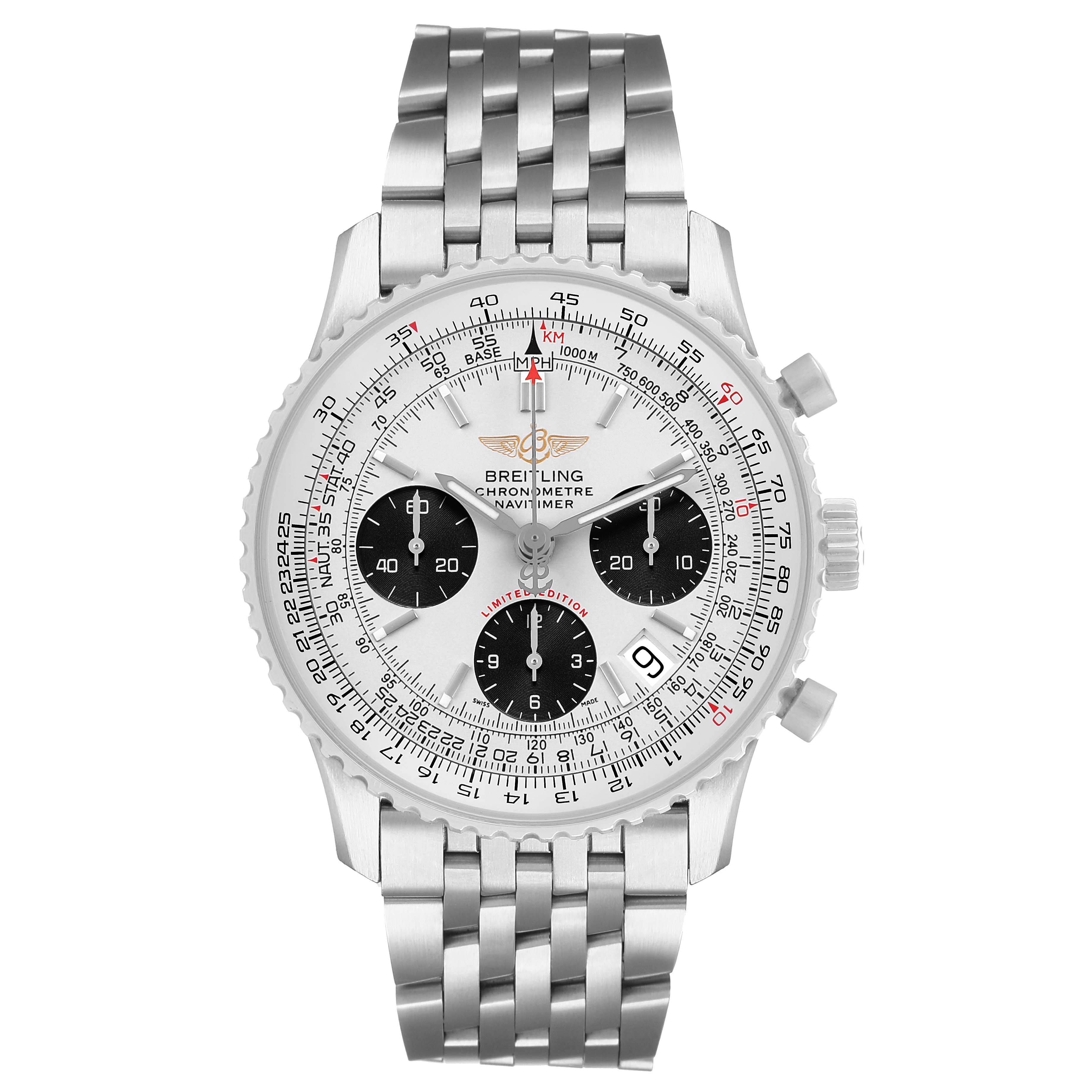 The Breitling Navitimer A23322 / A232G09NP Men's Stainless Steel Silver Dial is shown from a top view, displaying the dial, bezel, and metal strap.