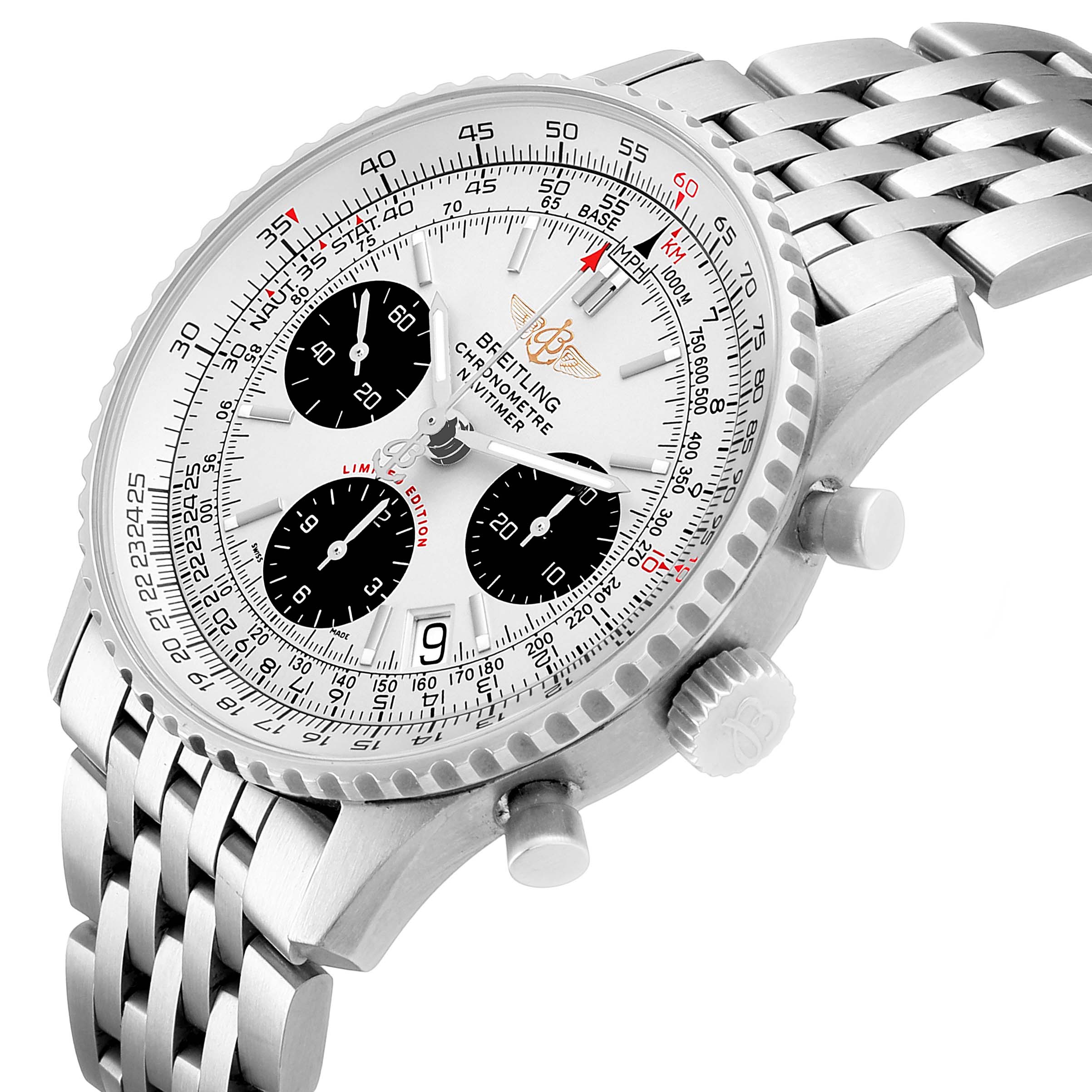 The Breitling Navitimer A23322 / A232G09NP Men's Stainless Steel Silver Dial watch is angled to show the face, bezel, crown, and two pushers on the right side, along with part of the bracelet.