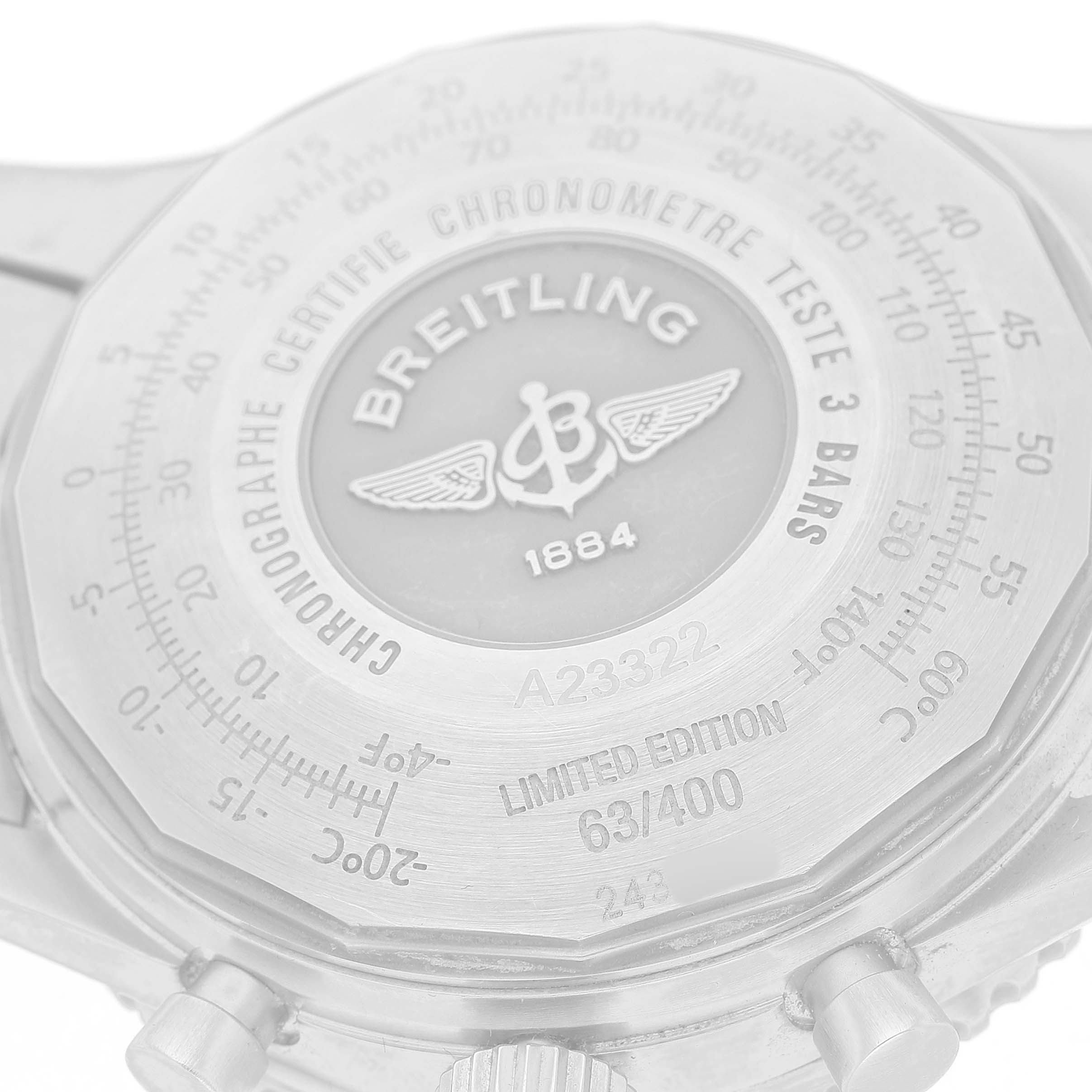 This image shows the back case of a Breitling Navitimer A23322 / A232G09NP Men's Stainless Steel Silver Dial watch, highlighting the limited edition number and brand engravings.