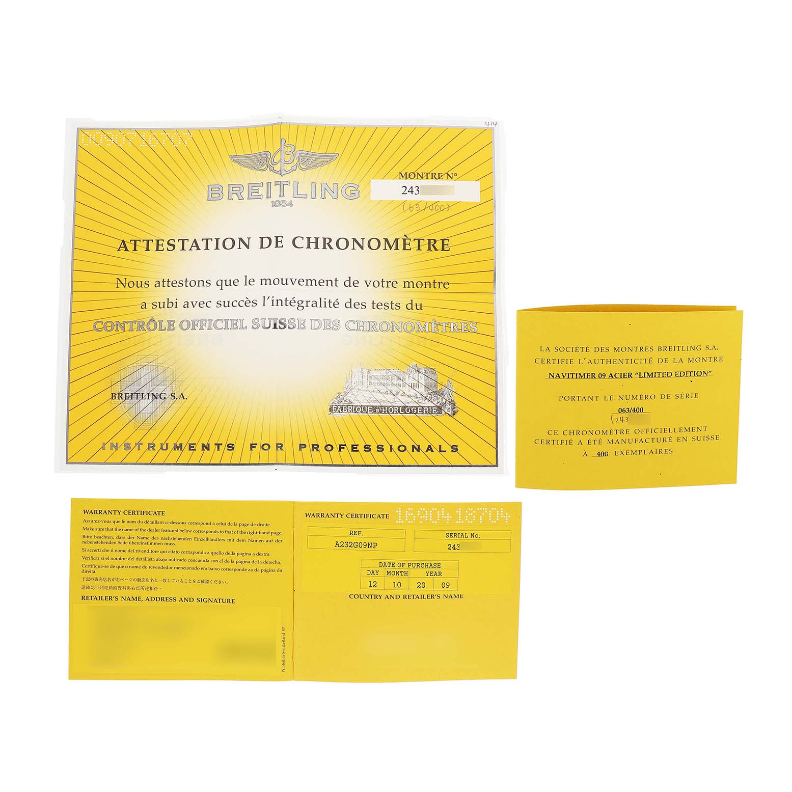 The image shows documents for a Breitling Navitimer A23322 / A232G09NP Men's Stainless Steel Silver Dial, including a chronometer certificate and warranty card.