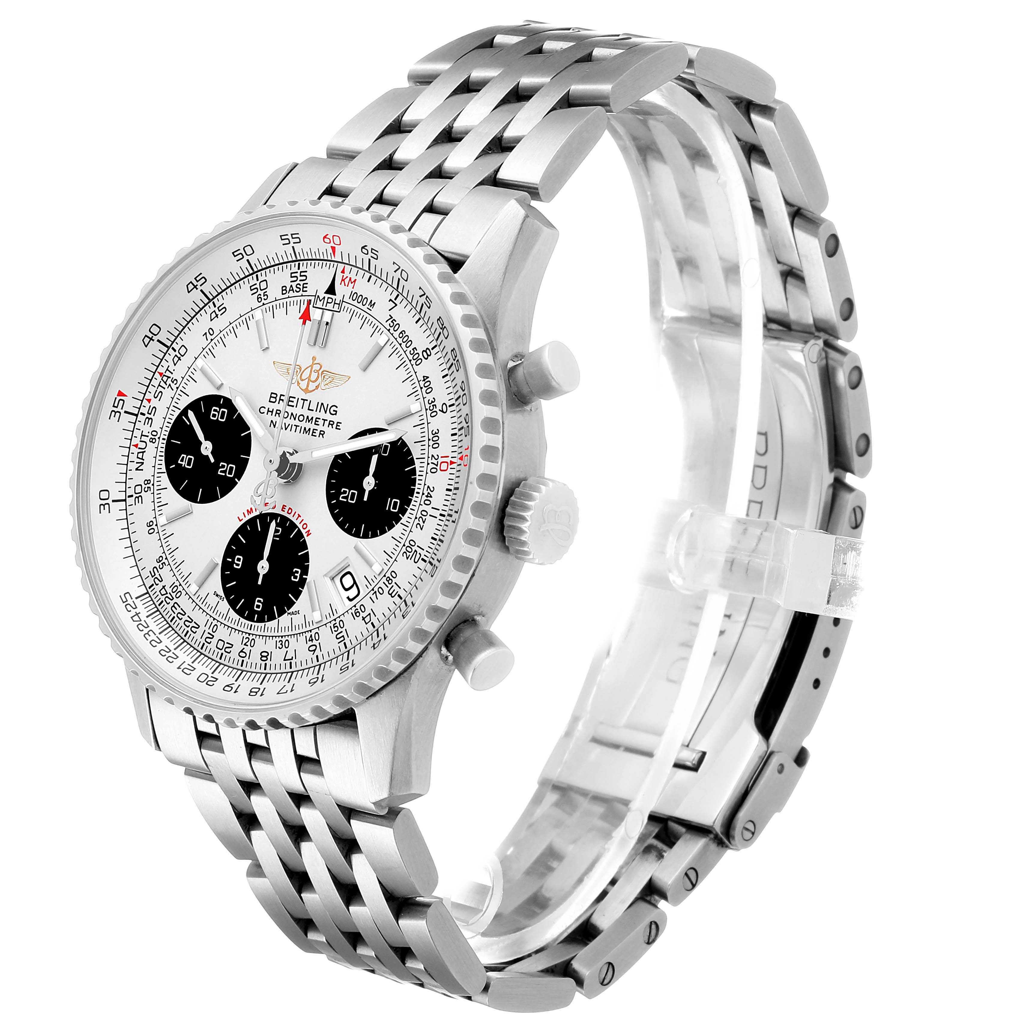 The Breitling Navitimer A23322 / A232G09NP Men's Stainless Steel Silver Dial watch is shown at a slight angle, displaying its face, bezel, bracelet, and pushers.
