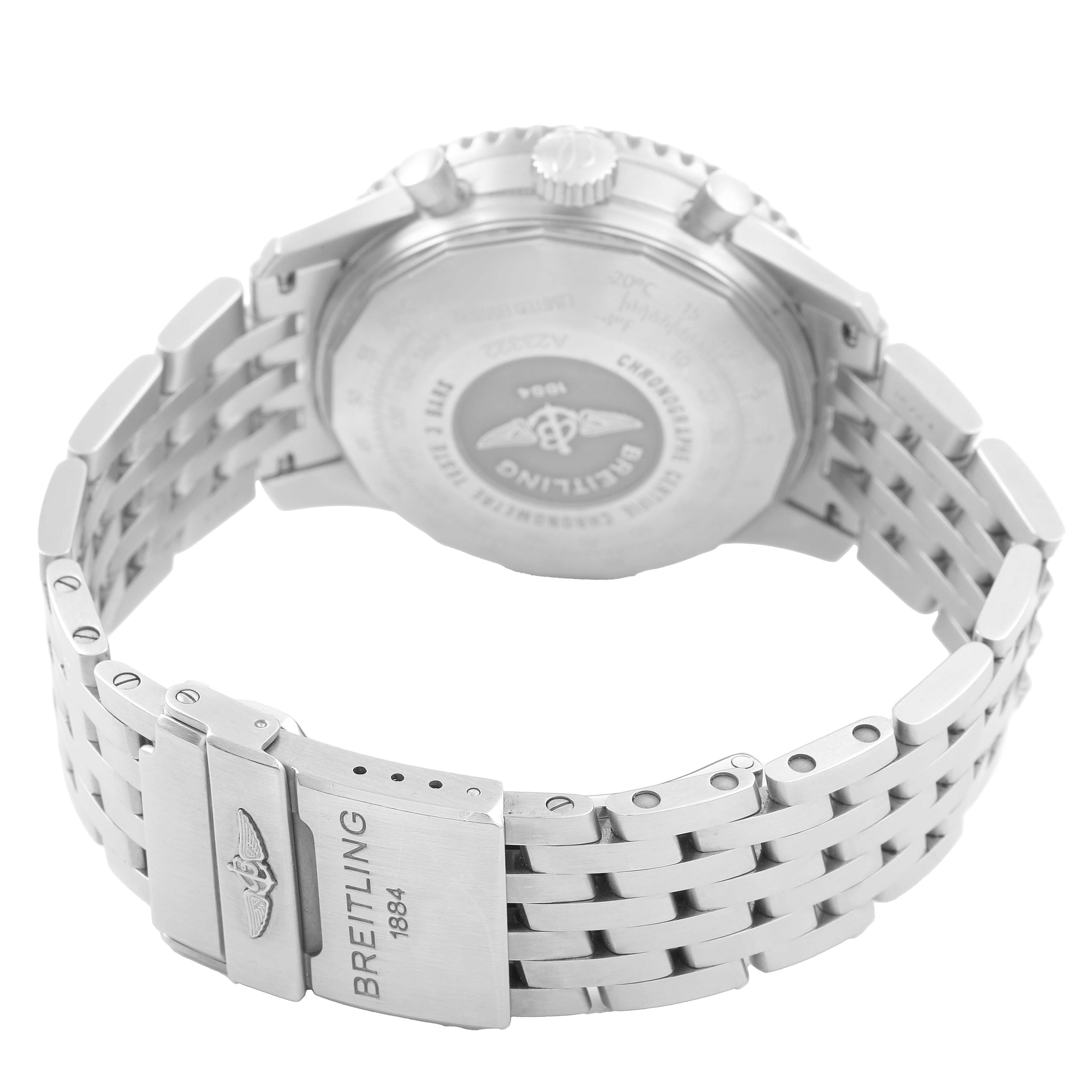 The image shows the back and bracelet of a Breitling Navitimer A23322 / A232G09NP Men's Stainless Steel Silver Dial watch from a rear angle, featuring the clasp and case back.