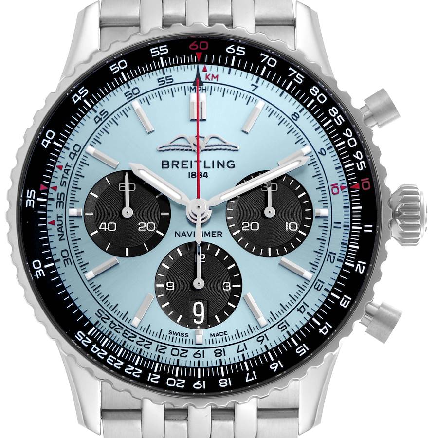 The image shows a Breitling Navitimer watch face straight on, featuring its subdials, bezel, and part of the bracelet.