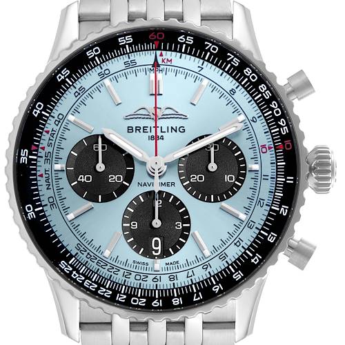 The Breitling Navitimer watch is shown from the front, displaying its dial, chronograph subdials, bezel, and crown.