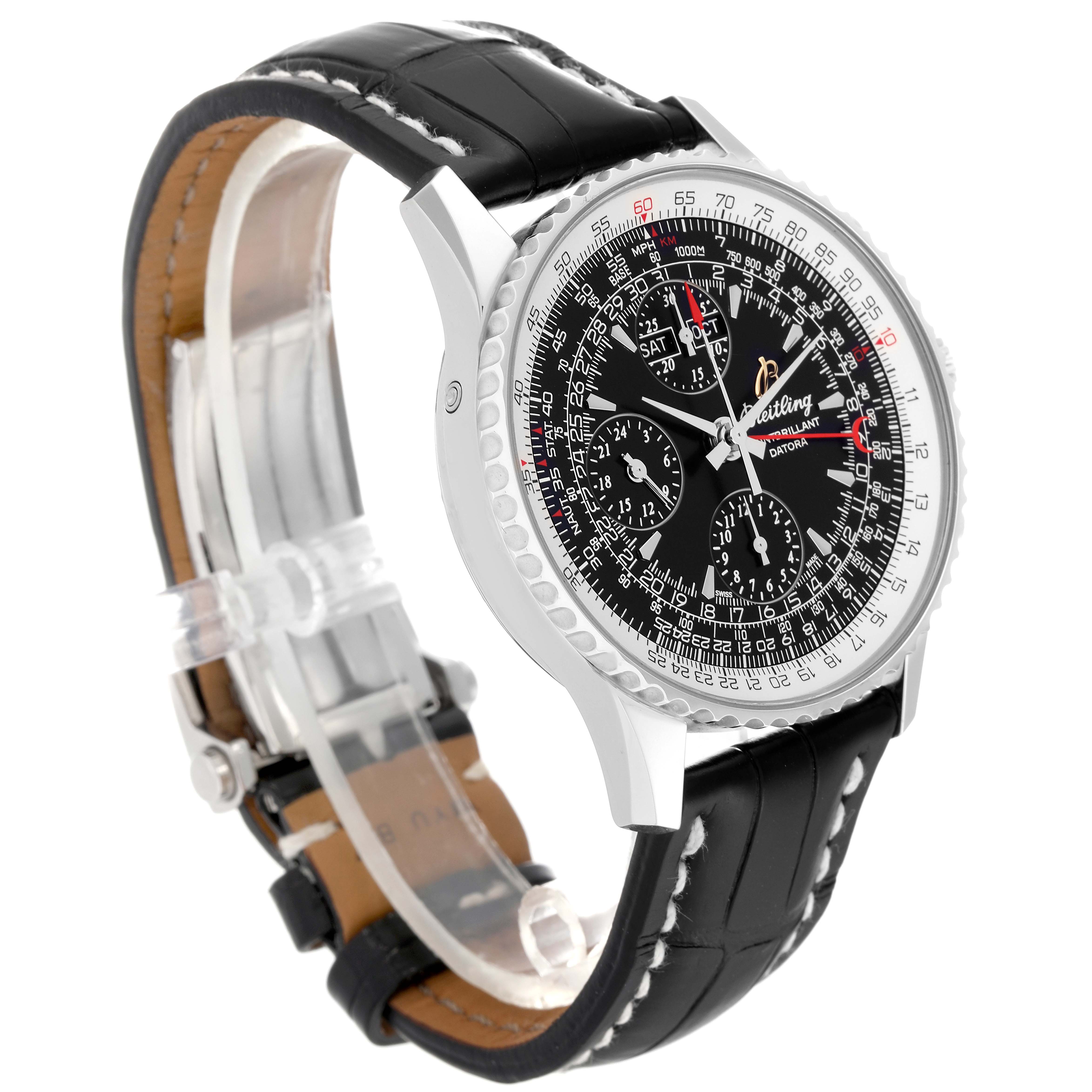 The image shows a side angle of the Breitling Navitimer A21330 Men
s Stainless Steel Black Dial A21330 Men
s Stainless Steel Black Dial watch, highlighting its black dial, bezel, and black leather strap.