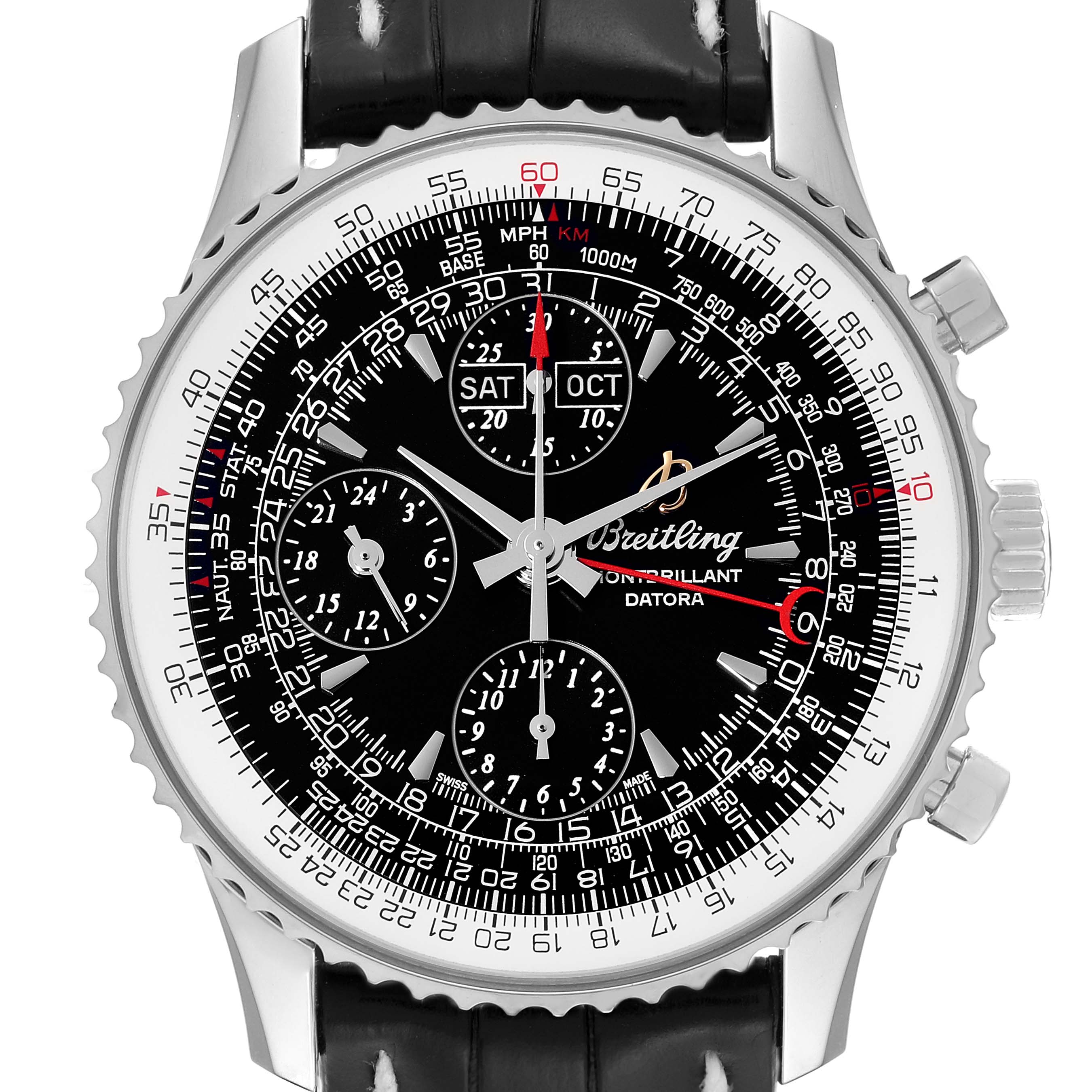 The image shows a frontal view of the Breitling Navitimer A21330 Men
s Stainless Steel Black Dial A21330 Men
s Stainless Steel Black Dial watch, displaying its black dial, chronograph subdials, and tachymeter scale.