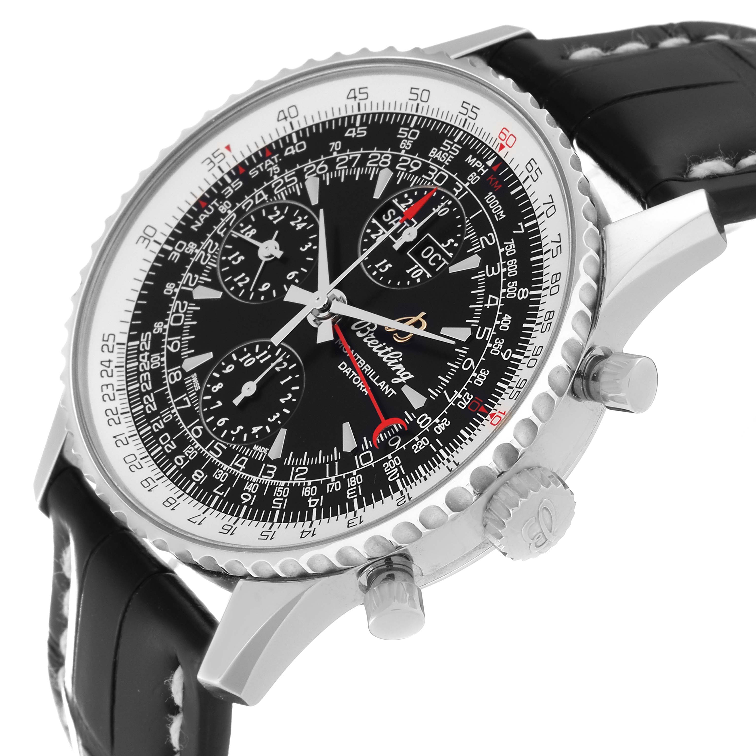 The image shows a side angle of the Breitling Navitimer A21330 Men
s Stainless Steel Black Dial A21330 Men
s Stainless Steel Black Dial watch, highlighting the face, bezel, crown, pushers, and strap.
